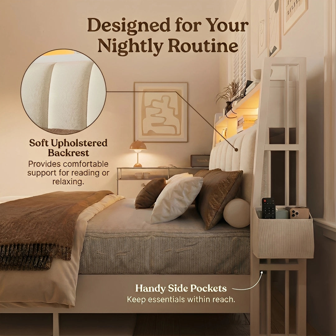 Aspen Bookcase Headboard Storage Bed Frame | LED Light, Charging Station & Wire Mesh Drawers | Queen & King - Image 7