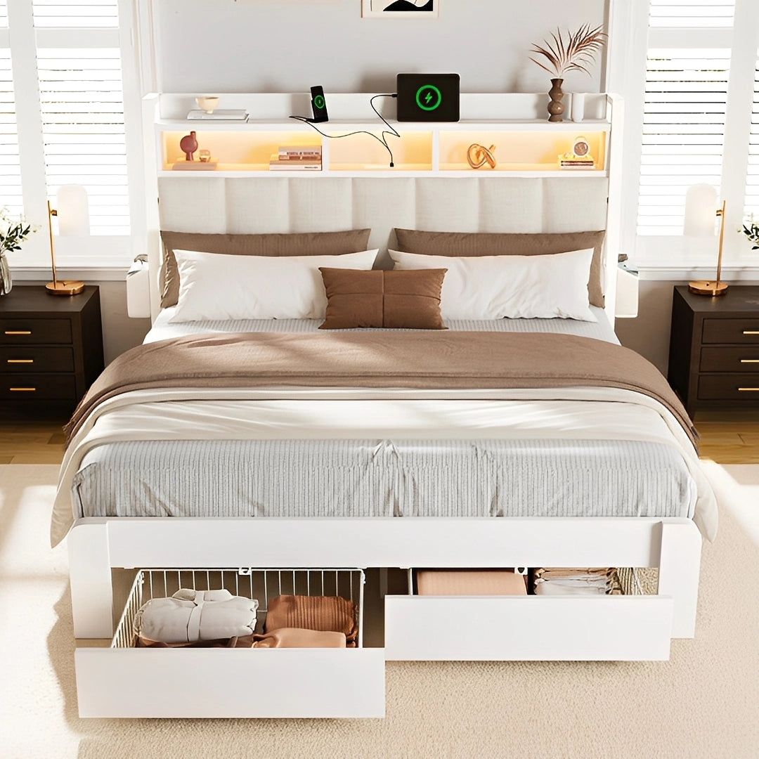 Aspen Bookcase Headboard Storage Bed Frame | LED Light, Charging Station & Wire Mesh Drawers | Queen & King - Image 11