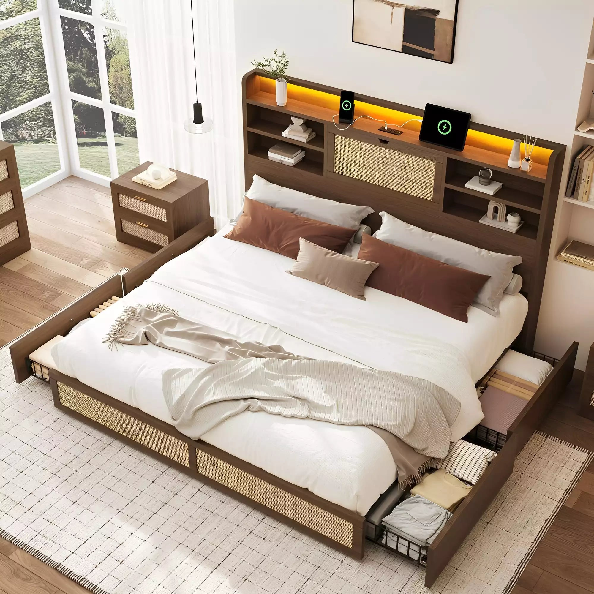 Rattan Storage Bookcase Bed Frame | Boho Chic, 4 Drawers, RGB LED & Charging Station | Queen & King - Image 20