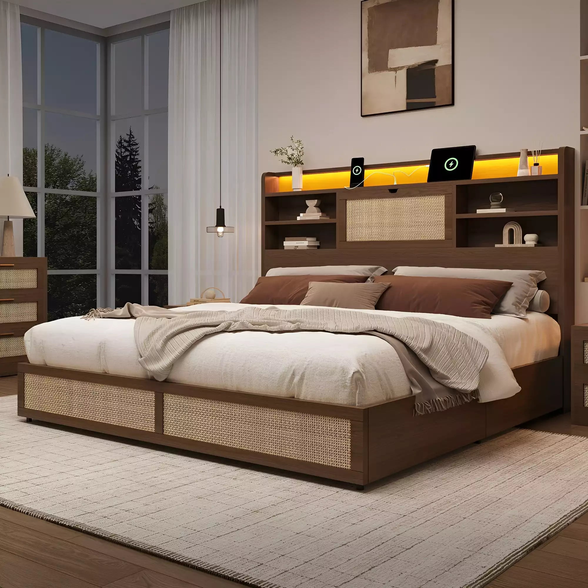 Rattan Storage Bookcase Bed Frame | Boho Chic, 4 Drawers, RGB LED & Charging Station | Queen & King - Image 18