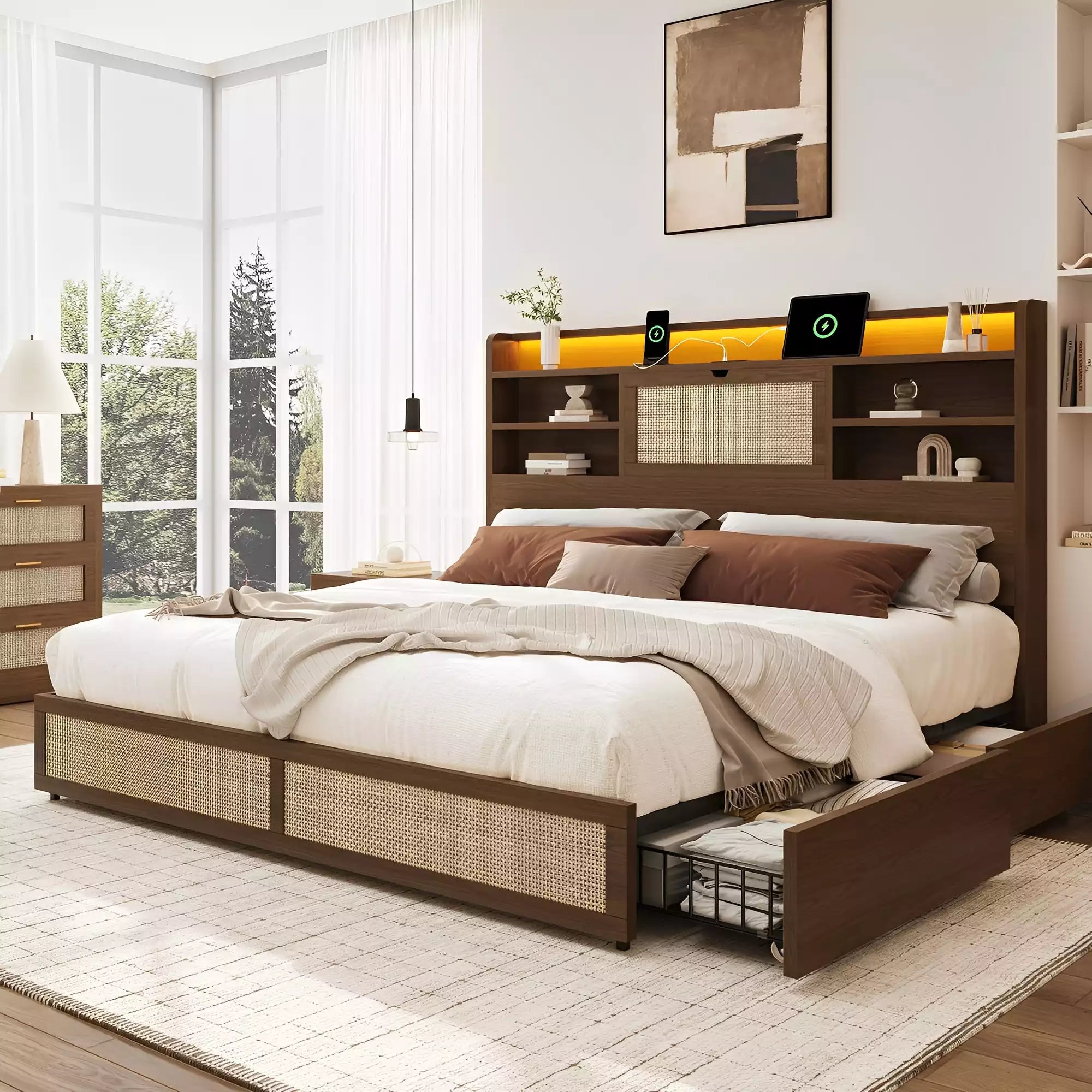 Rattan Storage Bookcase Bed Frame | Boho Chic, 4 Drawers, RGB LED & Charging Station | Queen & King - Image 13