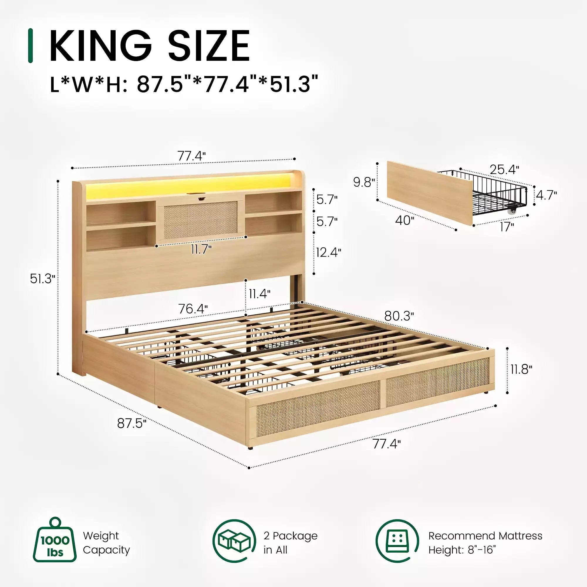 Rattan Storage Bookcase Bed Frame | Boho Chic, 4 Drawers, RGB LED & Charging Station | Queen & King - Image 5