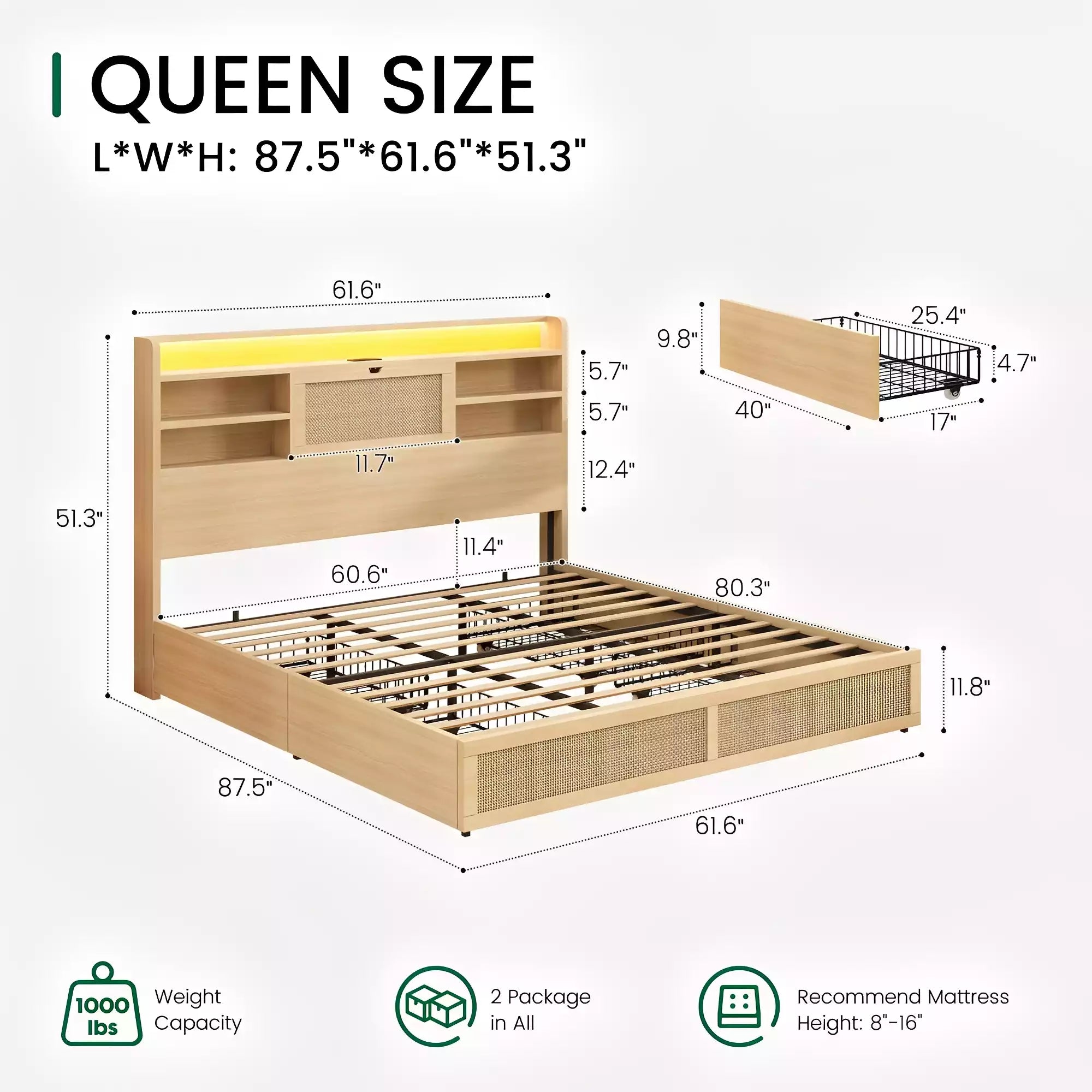 Rattan Storage Bookcase Bed Frame | Boho Chic, 4 Drawers, RGB LED & Charging Station | Queen & King - Image 4