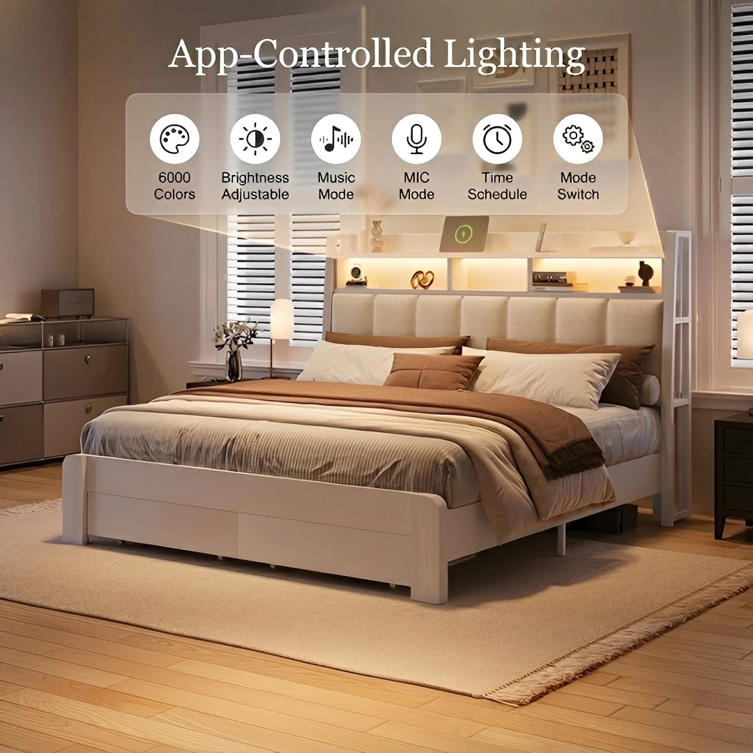 Aspen Bookcase Headboard Storage Bed Frame | LED Light, Charging Station & Wire Mesh Drawers | Queen & King - Image 3