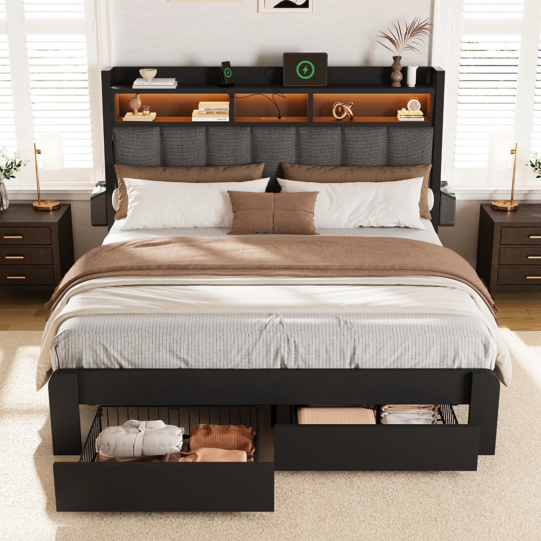 Aspen Bookcase Headboard Storage Bed Frame | LED Light, Charging Station & Wire Mesh Drawers | Queen & King - Image 14