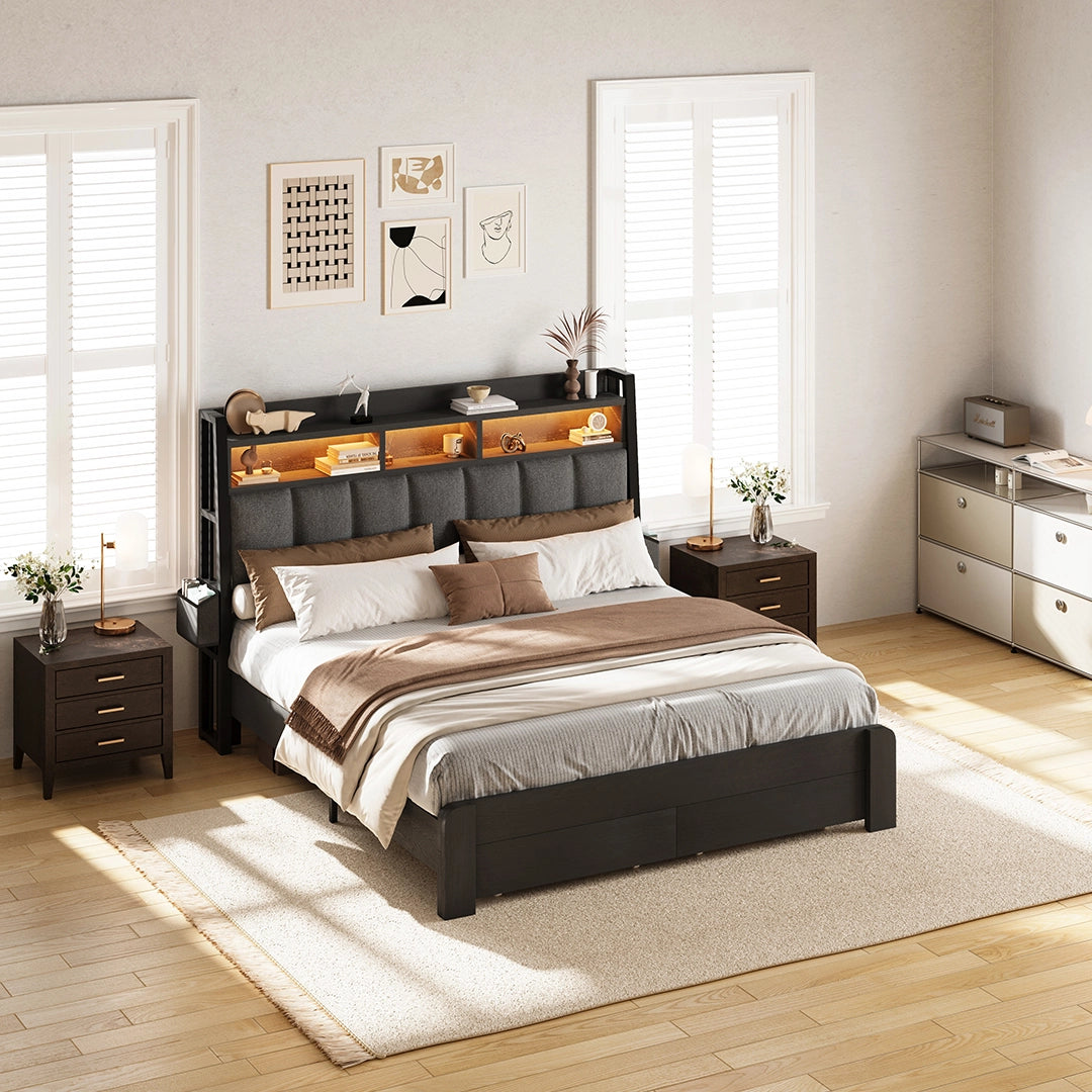 Aspen Bookcase Headboard Storage Bed Frame | LED Light, Charging Station & Wire Mesh Drawers | Queen & King - Image 24