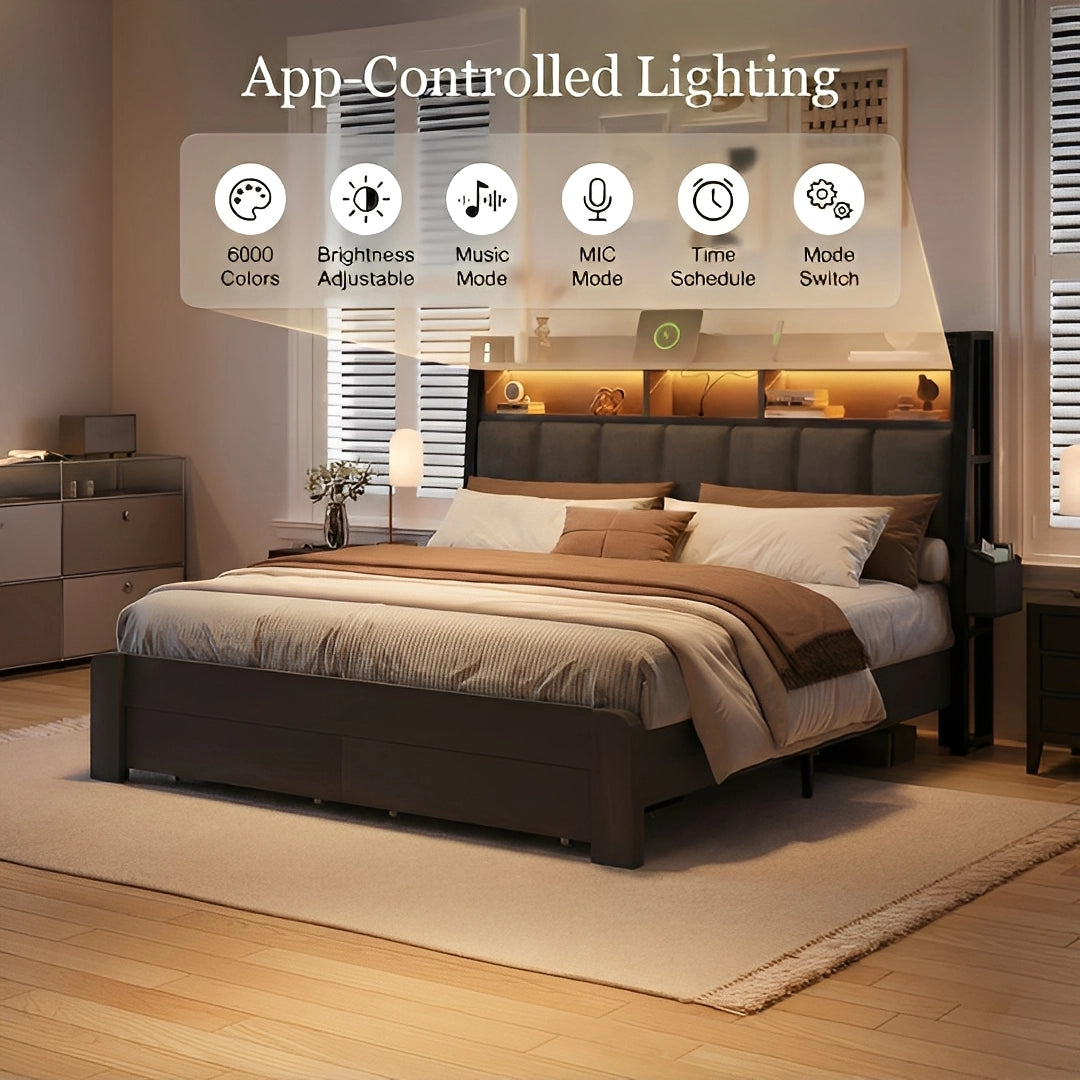 Aspen Bookcase Headboard Storage Bed Frame | LED Light, Charging Station & Wire Mesh Drawers | Queen & King - Image 16