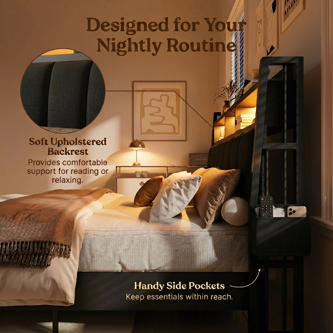 Aspen Bookcase Headboard Storage Bed Frame | LED Light, Charging Station & Wire Mesh Drawers | Queen & King - Image 17