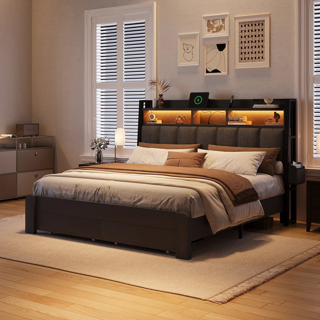 Aspen Bookcase Headboard Storage Bed Frame | LED Light, Charging Station & Wire Mesh Drawers | Queen & King - Image 22