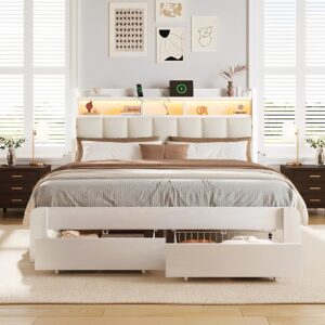Aspen Bookcase Headboard Storage Bed Frame | LED Light, Charging Station & Wire Mesh Drawers | Queen & King