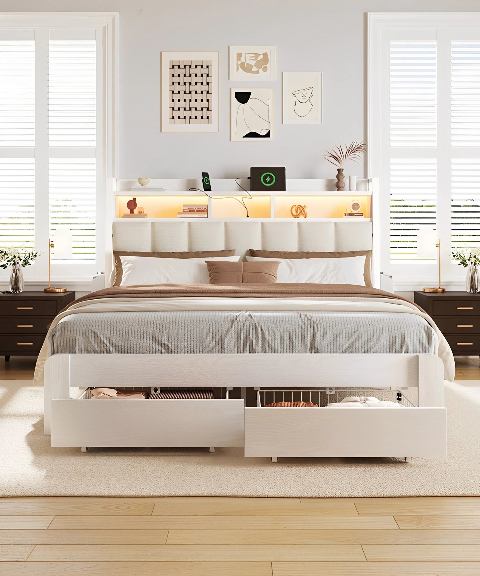 Aspen Bookcase Headboard Storage Bed Frame | LED Light, Charging Station & Wire Mesh Drawers | Queen & King