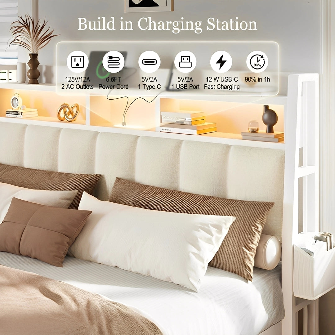 Aspen Bookcase Headboard Storage Bed Frame | LED Light, Charging Station & Wire Mesh Drawers | Queen & King - Image 6