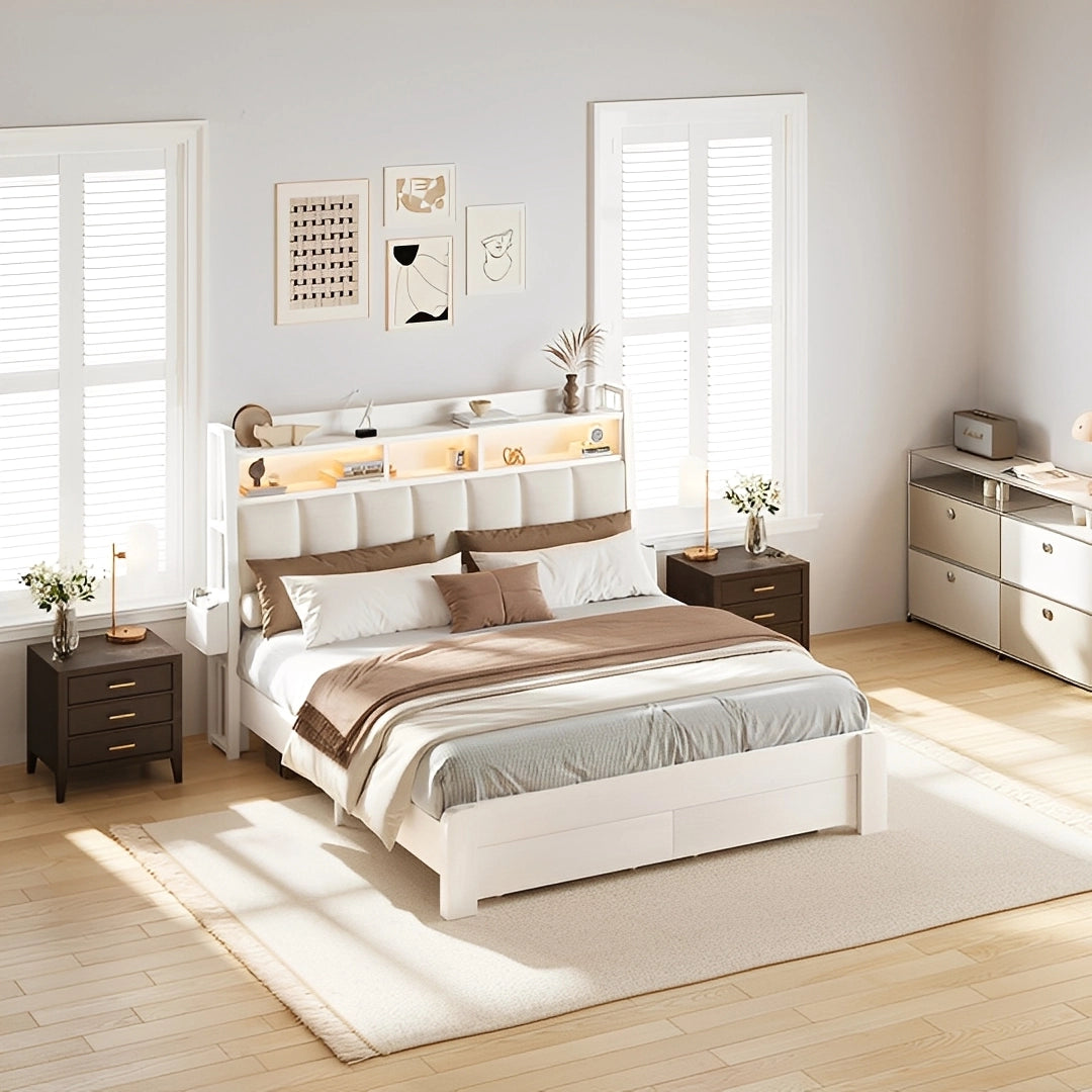 Aspen Bookcase Headboard Storage Bed Frame | LED Light, Charging Station & Wire Mesh Drawers | Queen & King - Image 13