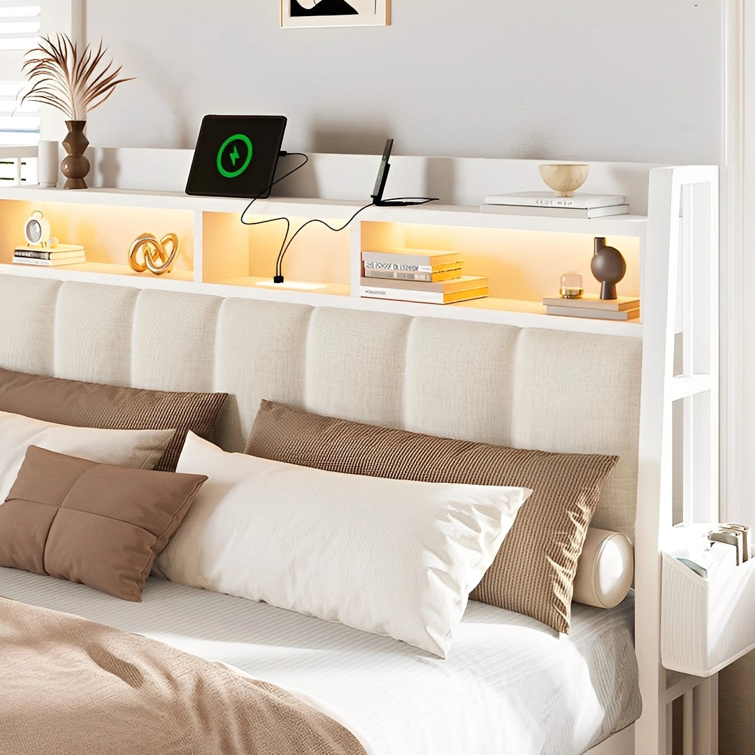 Aspen Bookcase Headboard Storage Bed Frame | LED Light, Charging Station & Wire Mesh Drawers | Queen & King - Image 2