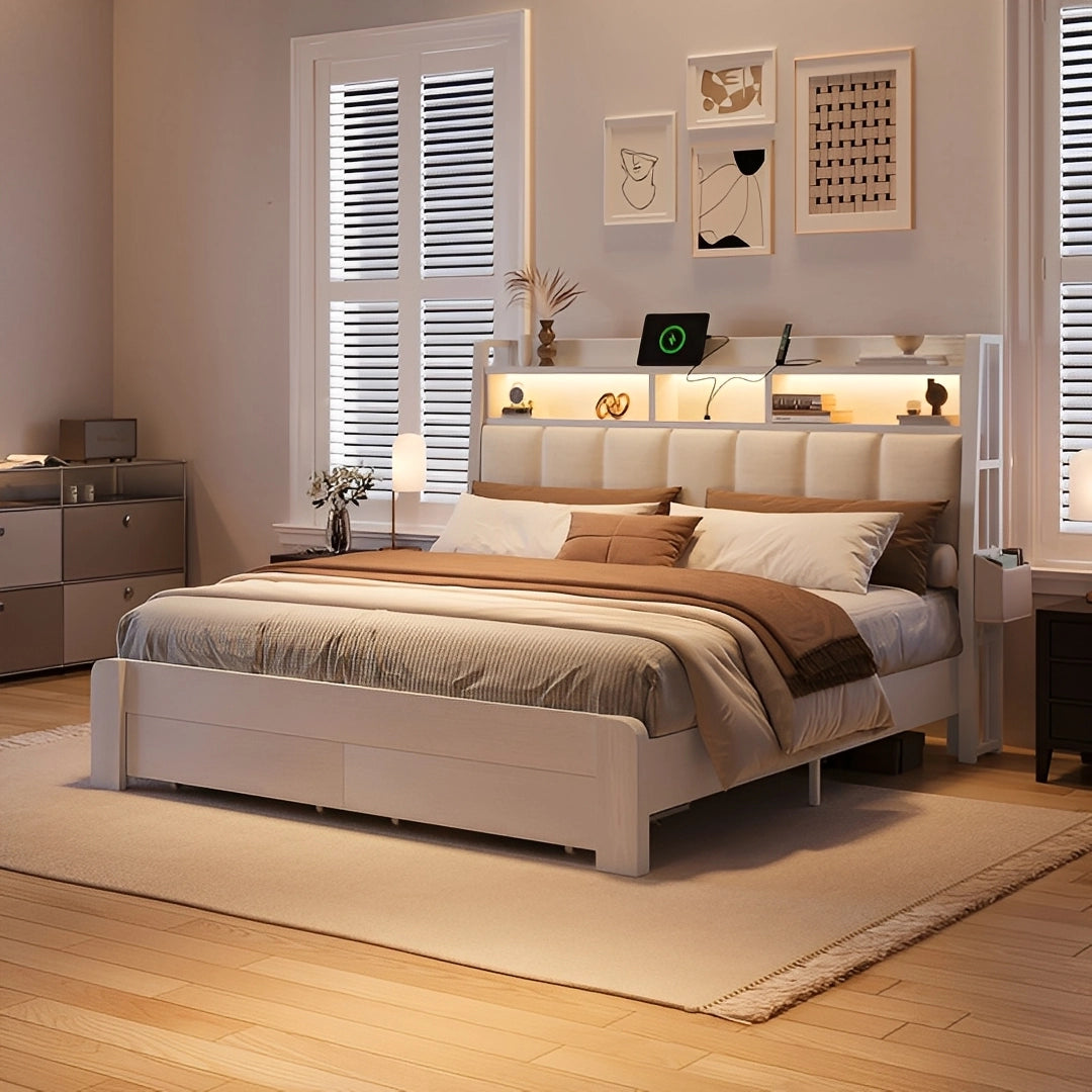 Aspen Bookcase Headboard Storage Bed Frame | LED Light, Charging Station & Wire Mesh Drawers | Queen & King - Image 12