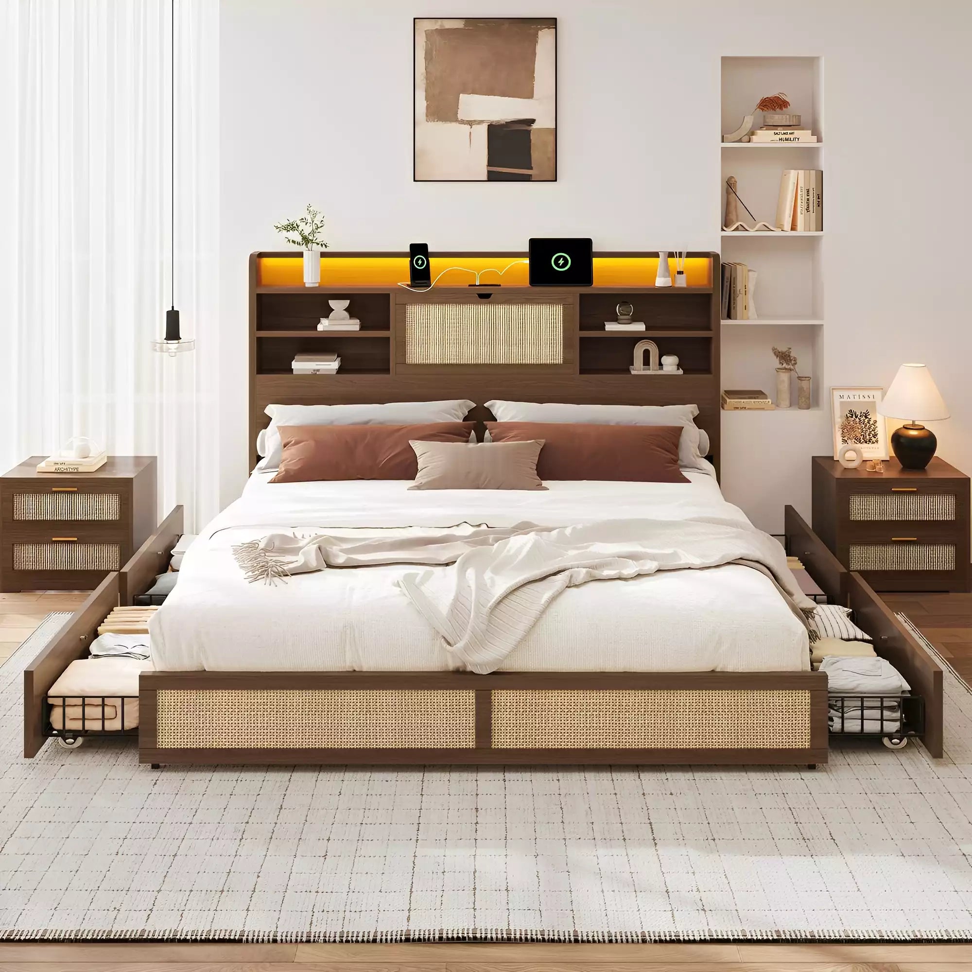 Rattan Storage Bookcase Bed Frame | Boho Chic, 4 Drawers, RGB LED & Charging Station | Queen & King - Image 19