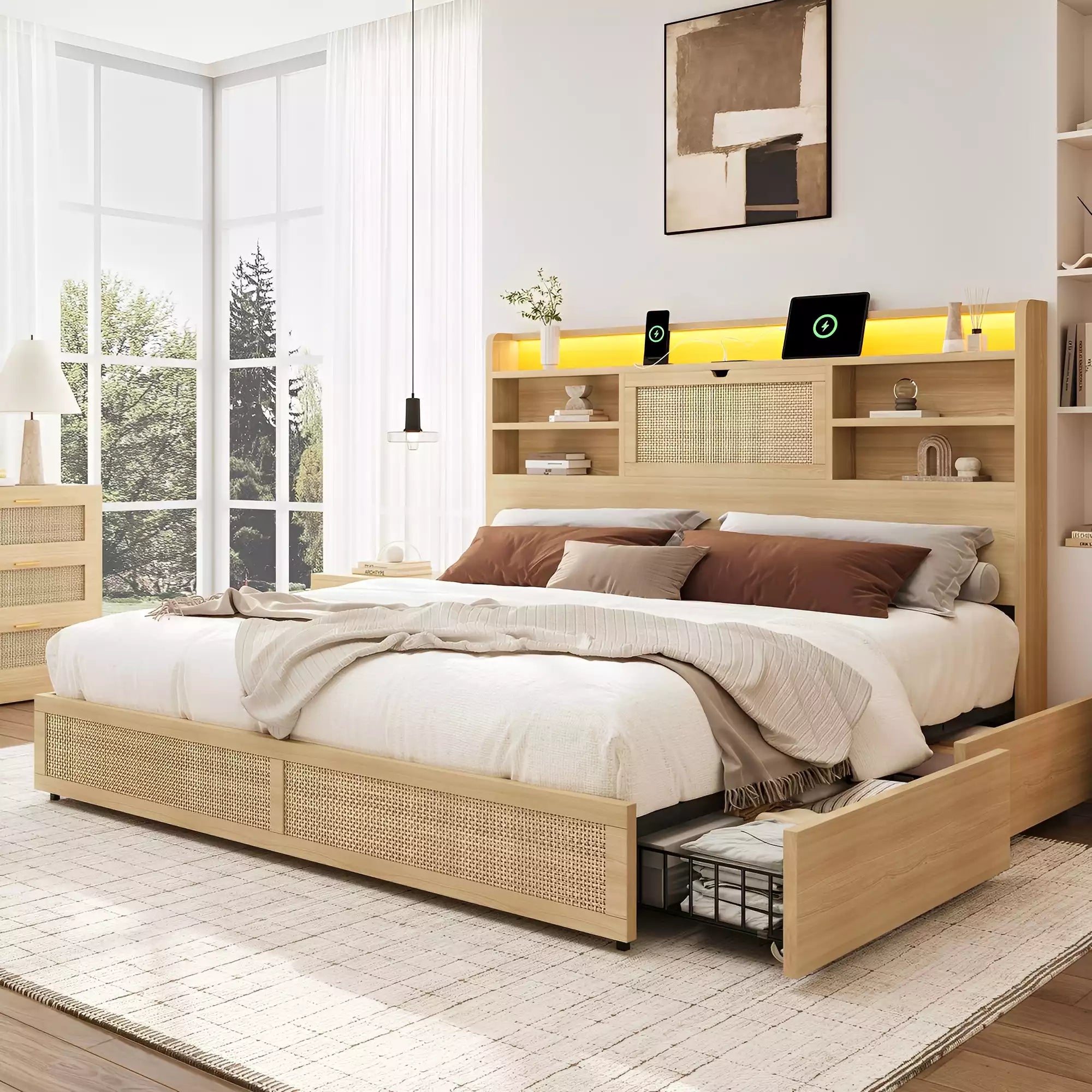 Rattan Storage Bookcase Bed Frame | Boho Chic, 4 Drawers, RGB LED & Charging Station | Queen & King