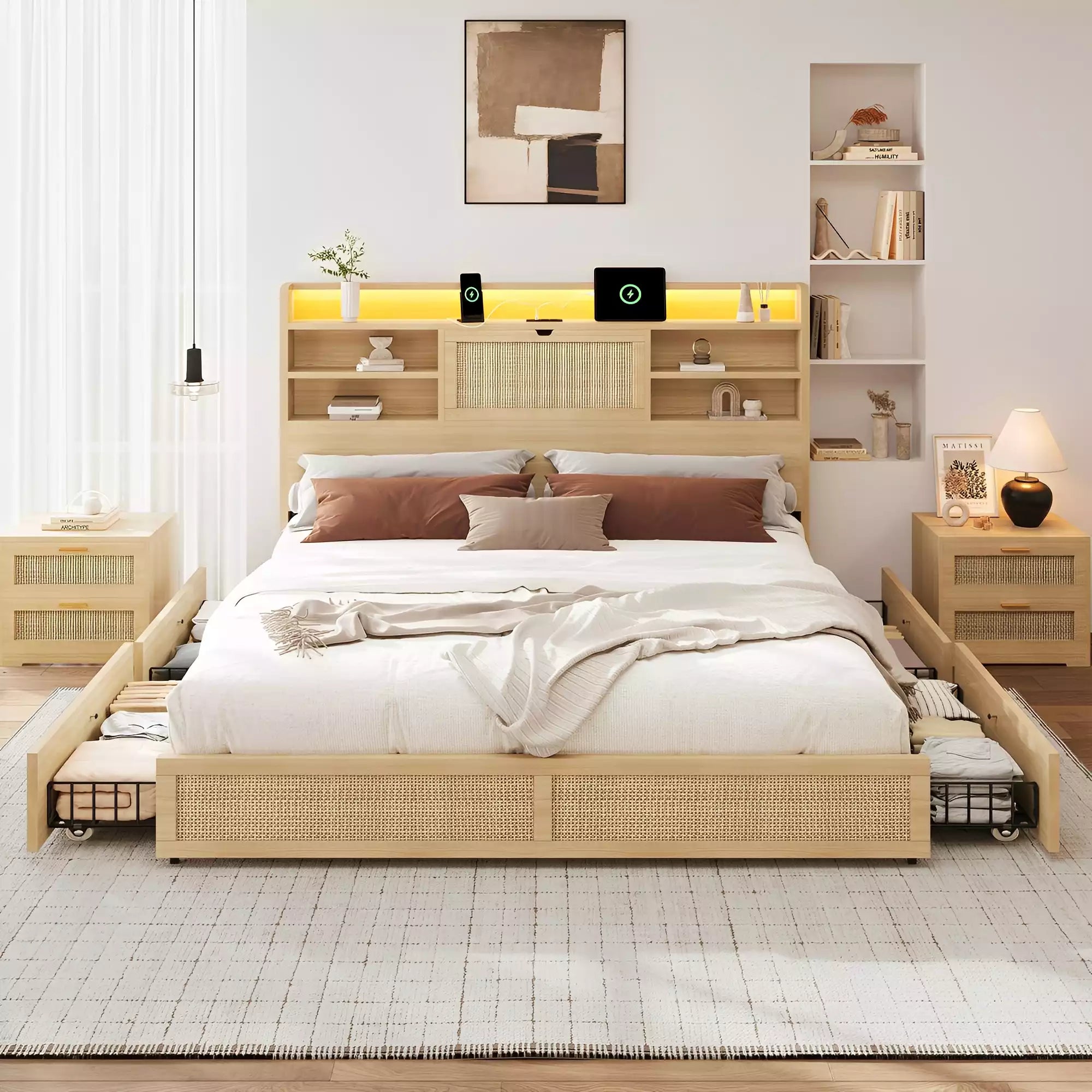 Rattan Storage Bookcase Bed Frame | Boho Chic, 4 Drawers, RGB LED & Charging Station | Queen & King - Image 10