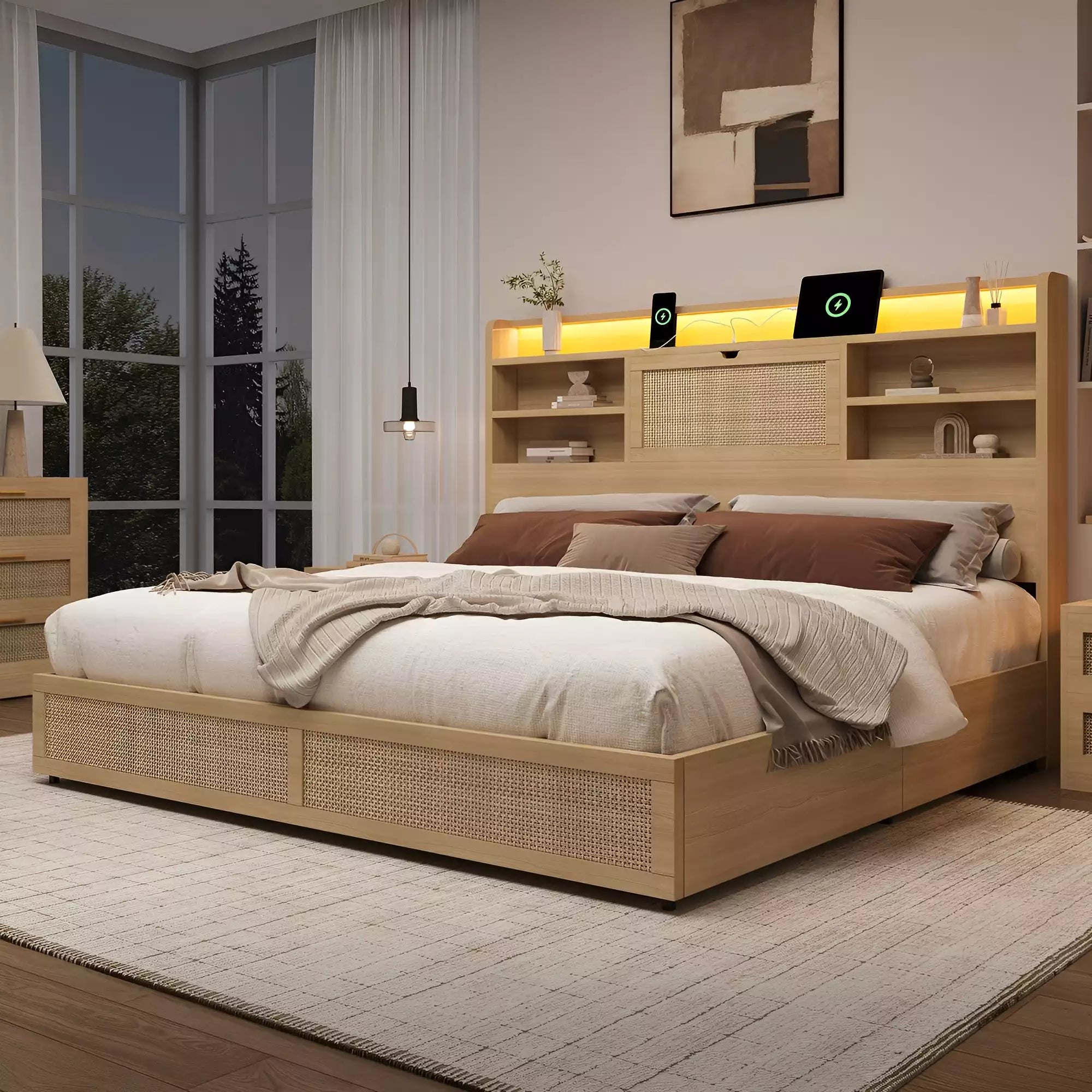 Rattan Storage Bookcase Bed Frame | Boho Chic, 4 Drawers, RGB LED & Charging Station | Queen & King - Image 3