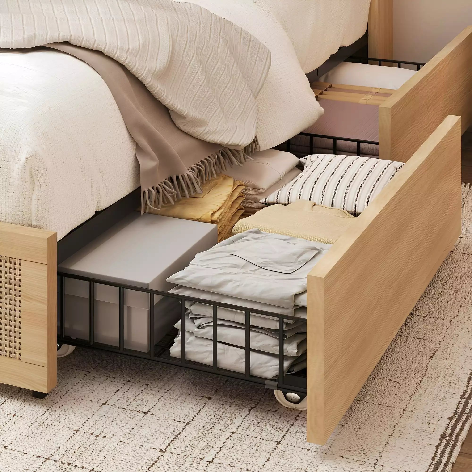 Rattan Storage Bookcase Bed Frame | Boho Chic, 4 Drawers, RGB LED & Charging Station | Queen & King - Image 12