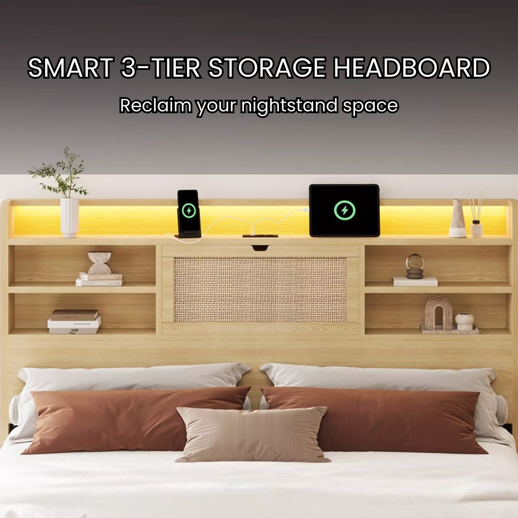 Rattan Storage Bookcase Bed Frame | Boho Chic, 4 Drawers, RGB LED & Charging Station | Queen & King - Image 2