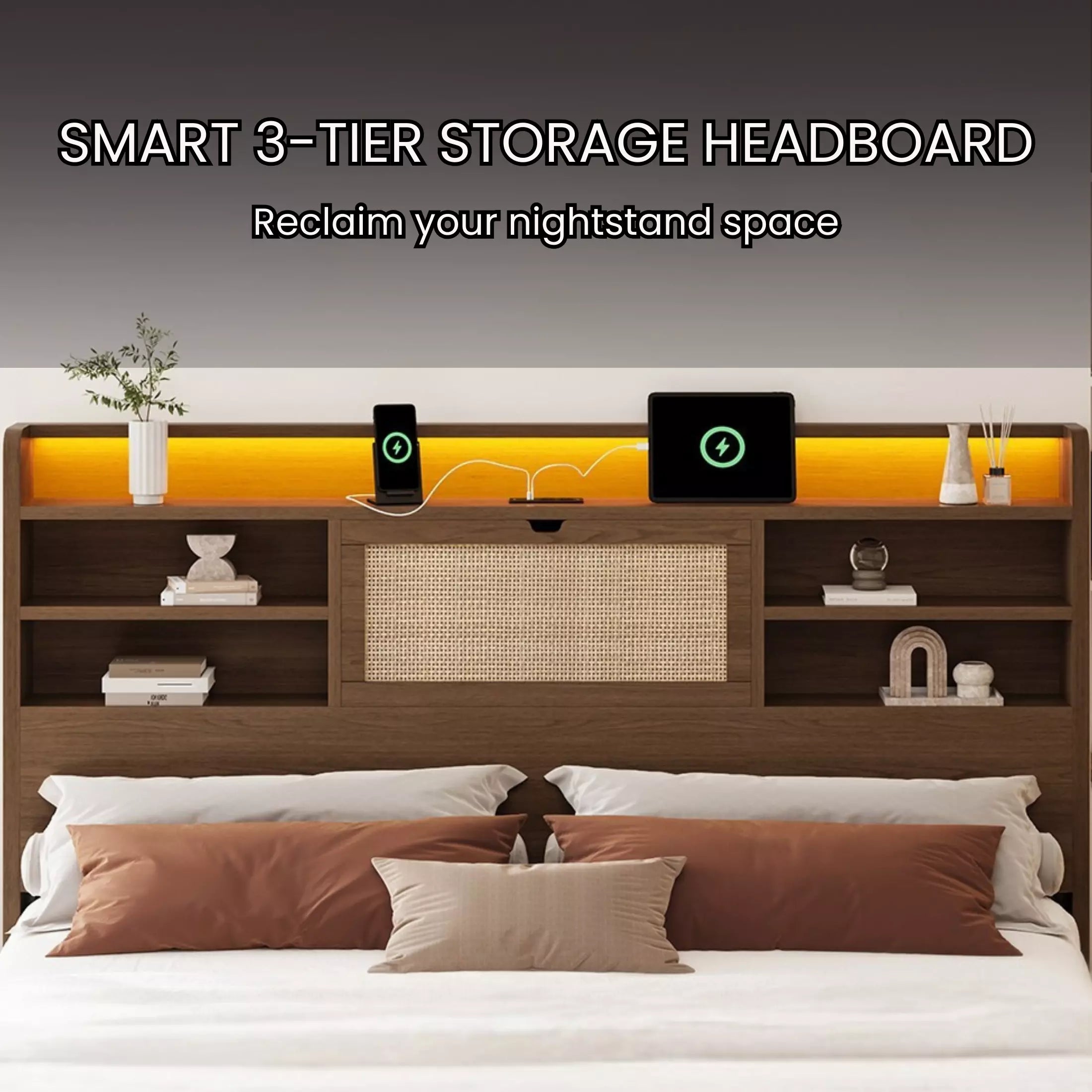 Rattan Storage Bookcase Bed Frame | Boho Chic, 4 Drawers, RGB LED & Charging Station | Queen & King - Image 14