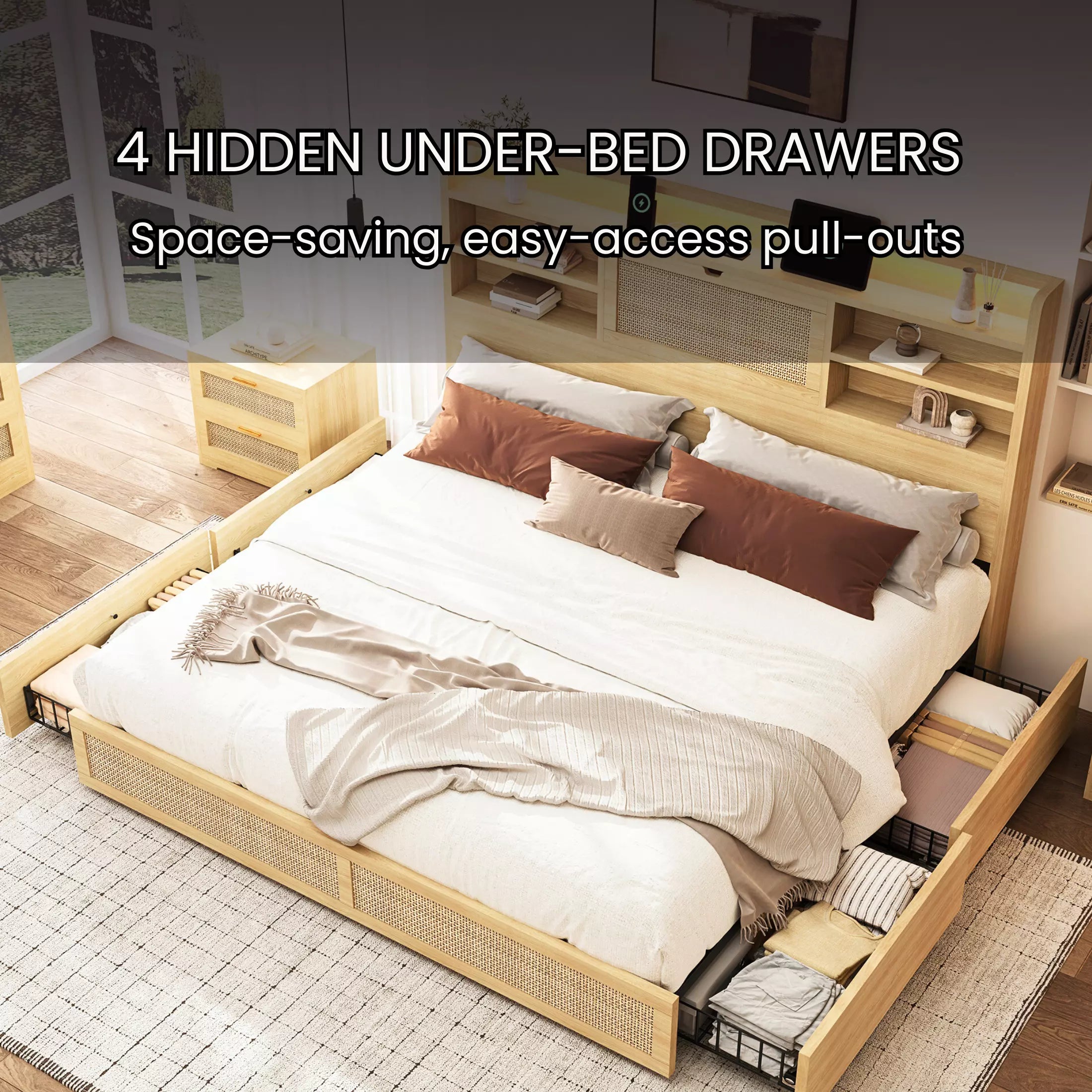 Rattan Storage Bookcase Bed Frame | Boho Chic, 4 Drawers, RGB LED & Charging Station | Queen & King - Image 7