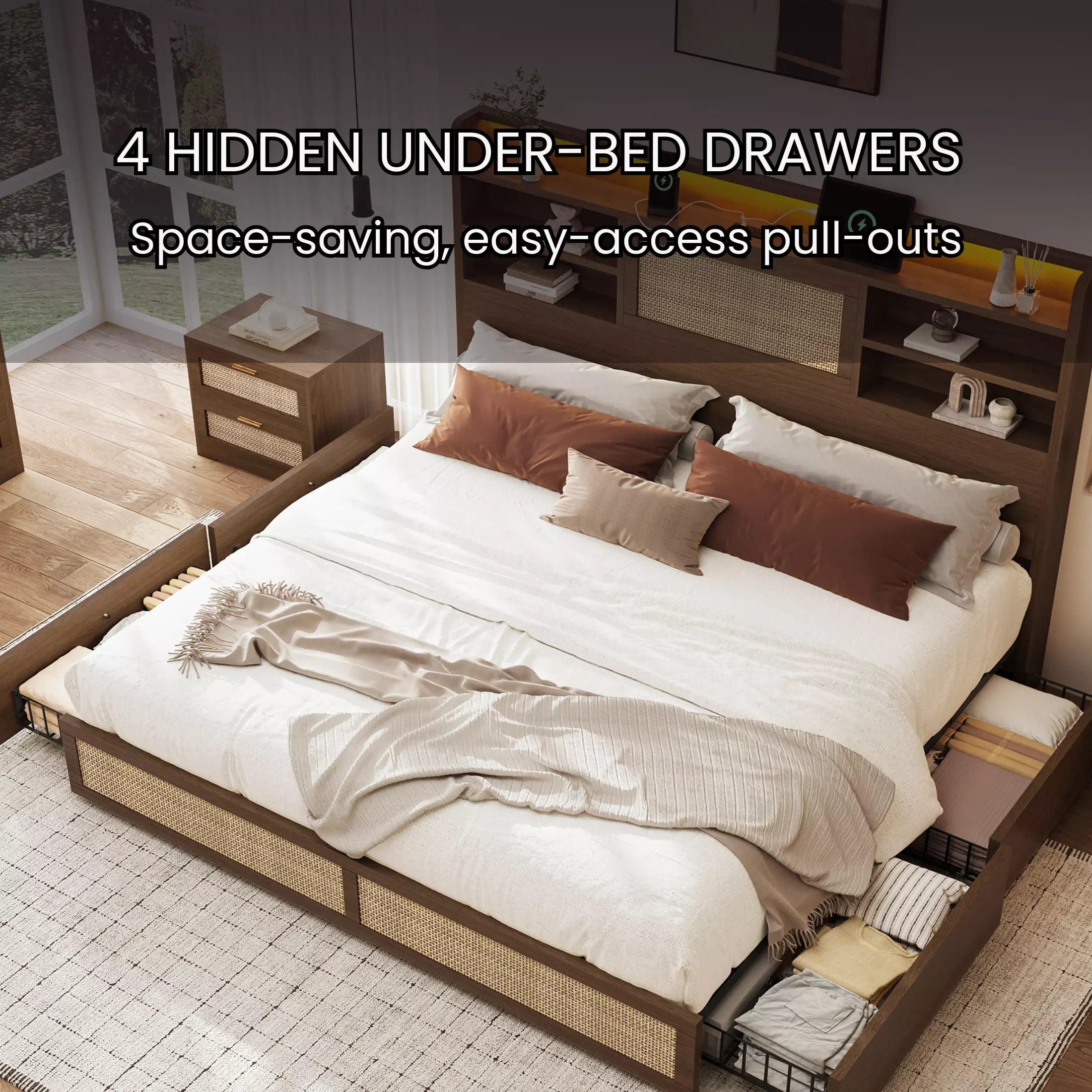 Rattan Storage Bookcase Bed Frame | Boho Chic, 4 Drawers, RGB LED & Charging Station | Queen & King - Image 17