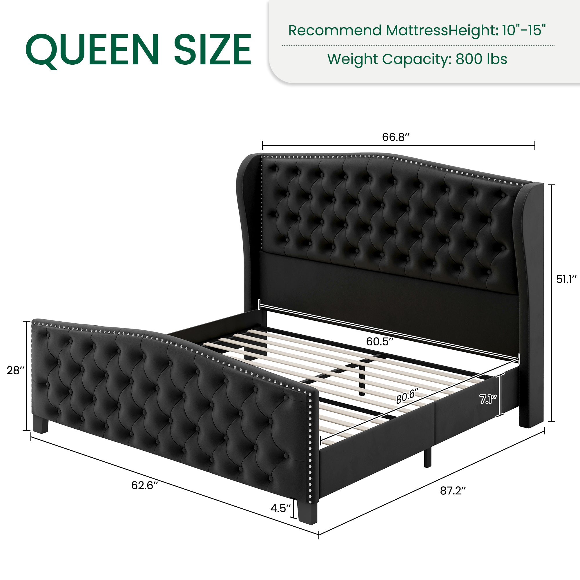 Nadell Velvet Bed Frame with Tall Headboard | Black Upholstered | Queen & King - Image 3