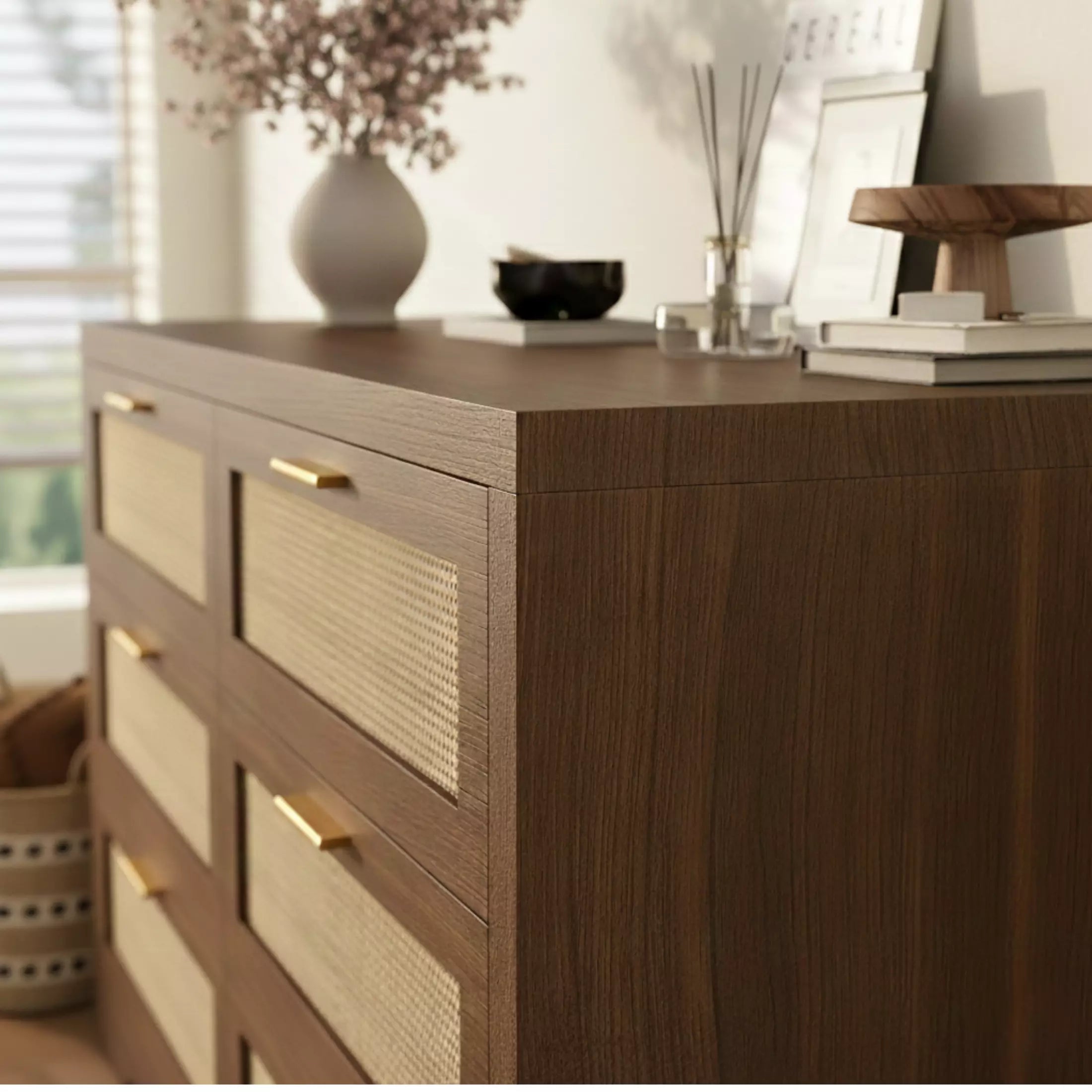 Rattan 6 Drawer Dresser | Handmade Boho Style Bedroom Organizer | Walnut & Oak - Image 6