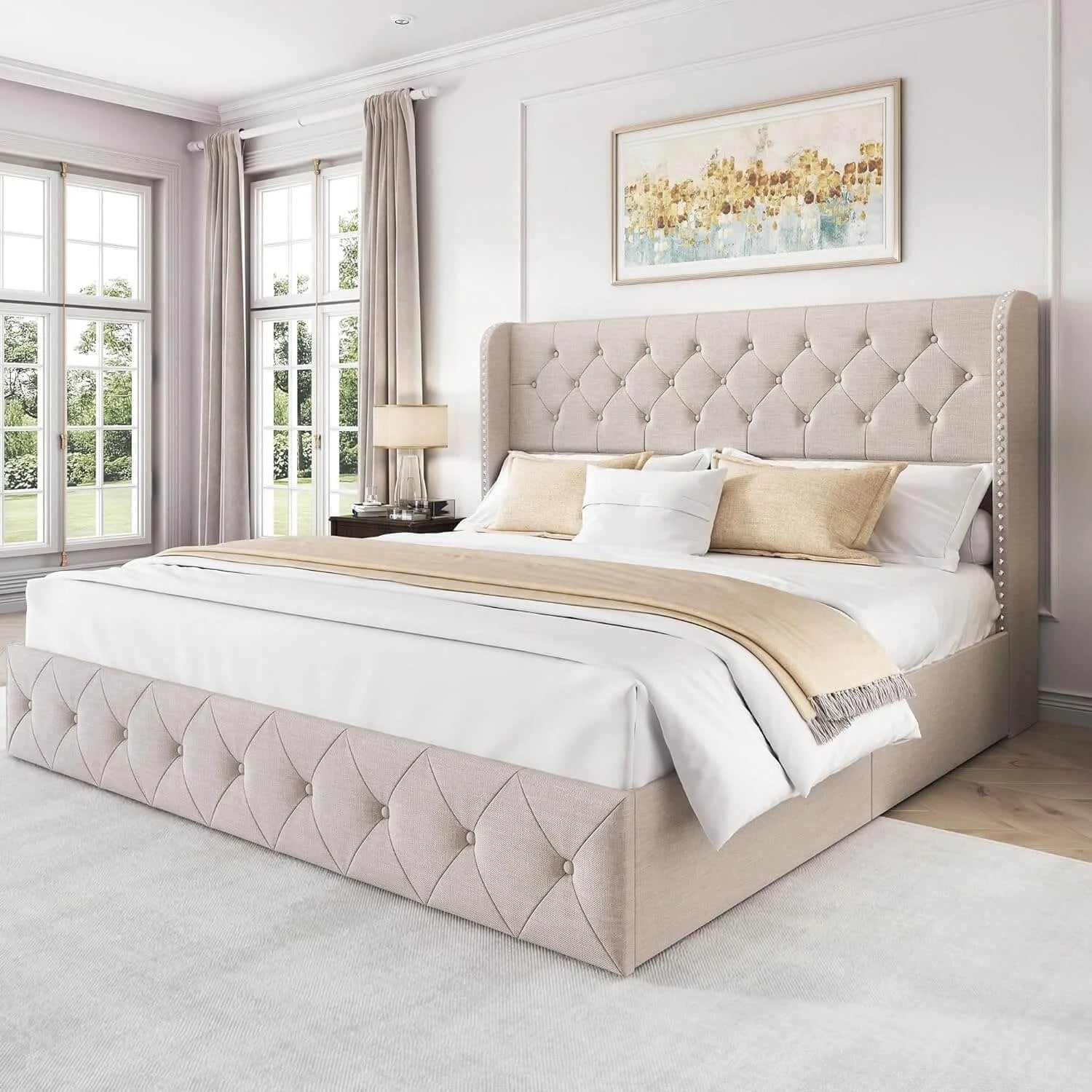 Korall Linen Storage Bed Frame | High Headboard & Storage Drawers | Queen & King - Image 7