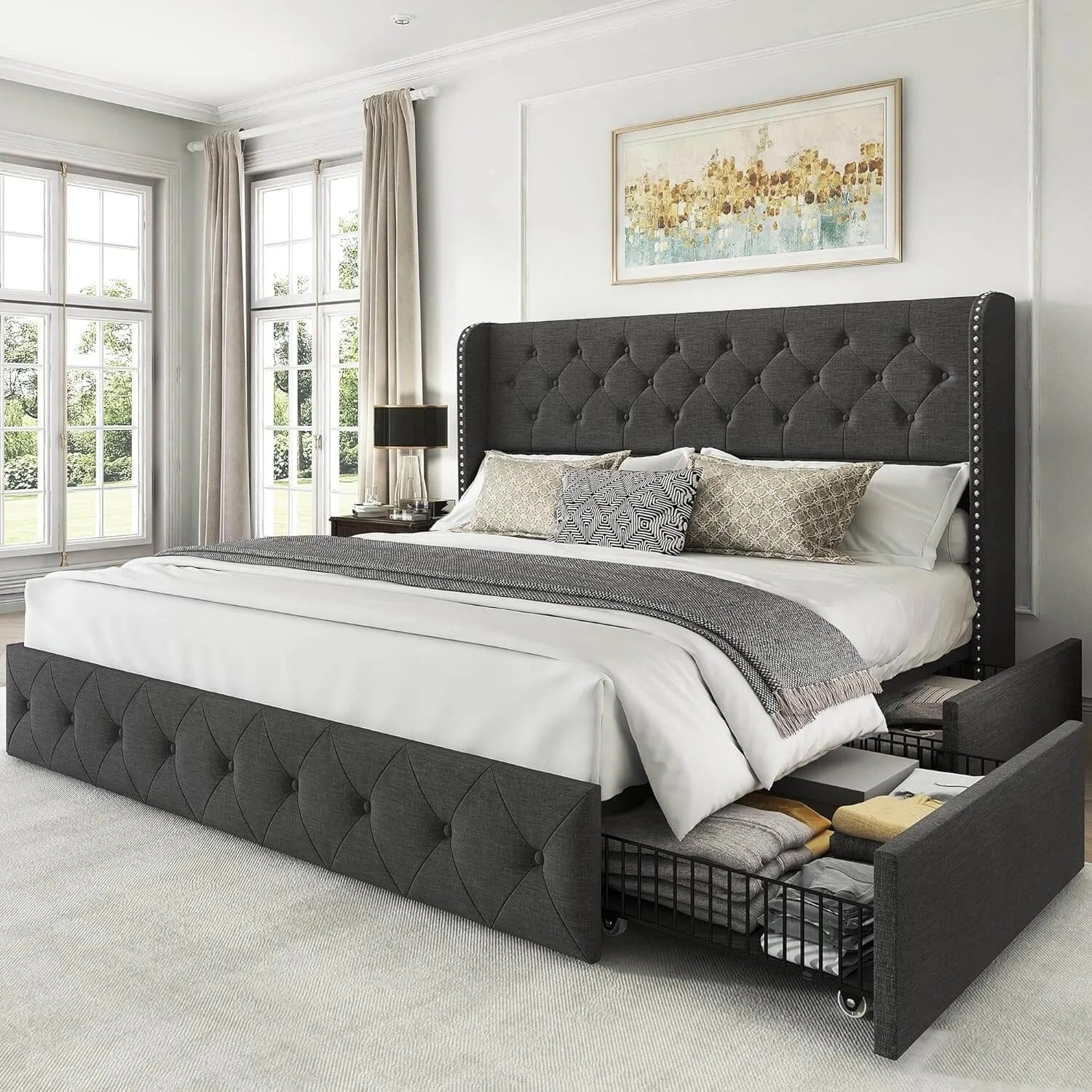 Korall Linen Storage Bed Frame | High Headboard & Storage Drawers | Queen & King - Image 12