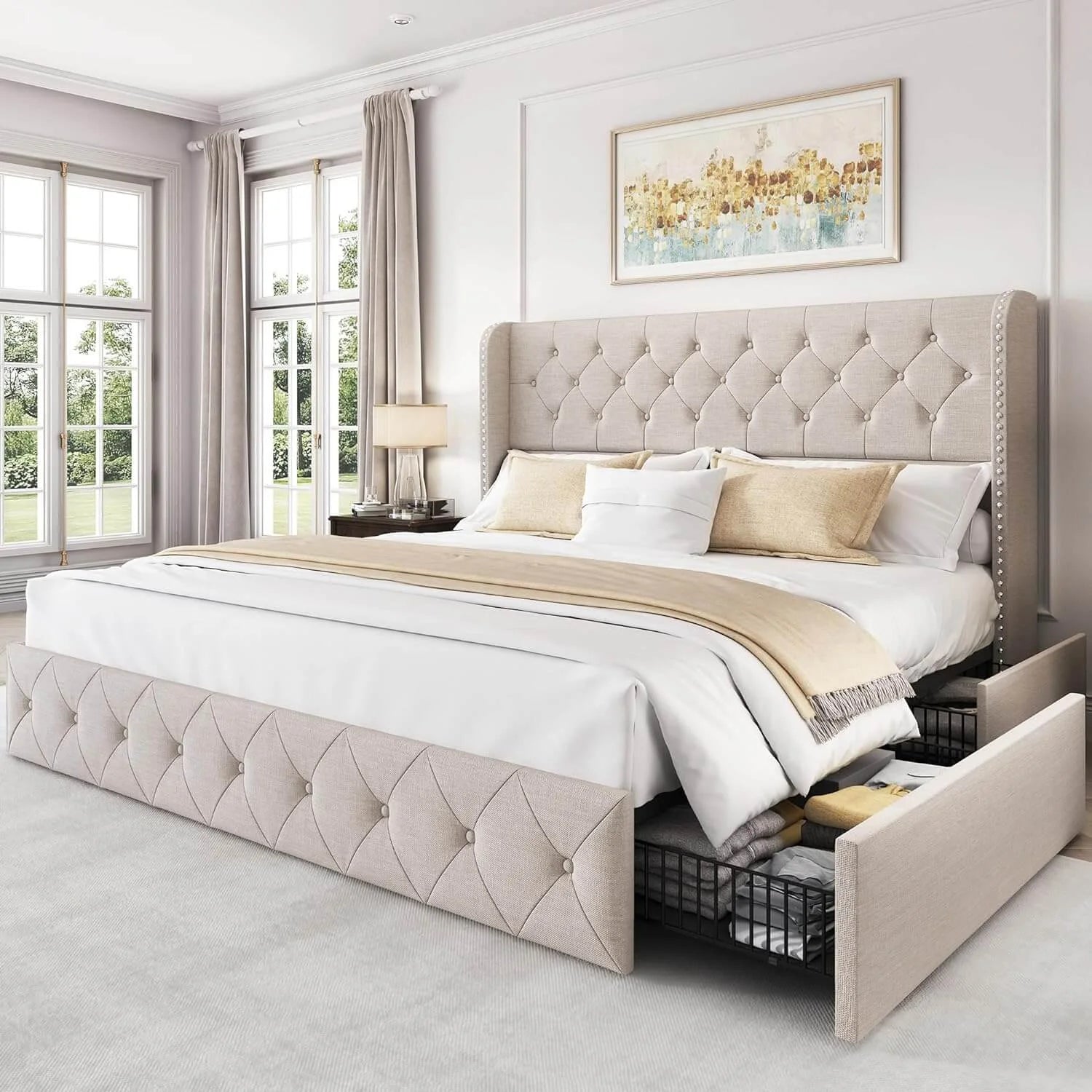 Korall Linen Storage Bed Frame | High Headboard & Storage Drawers | Queen & King