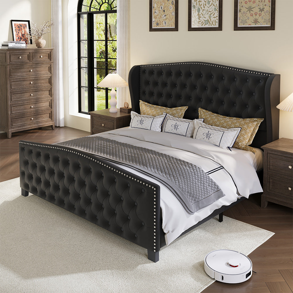Nadell Velvet Bed Frame with Tall Headboard | Black Upholstered | Queen & King - Image 6