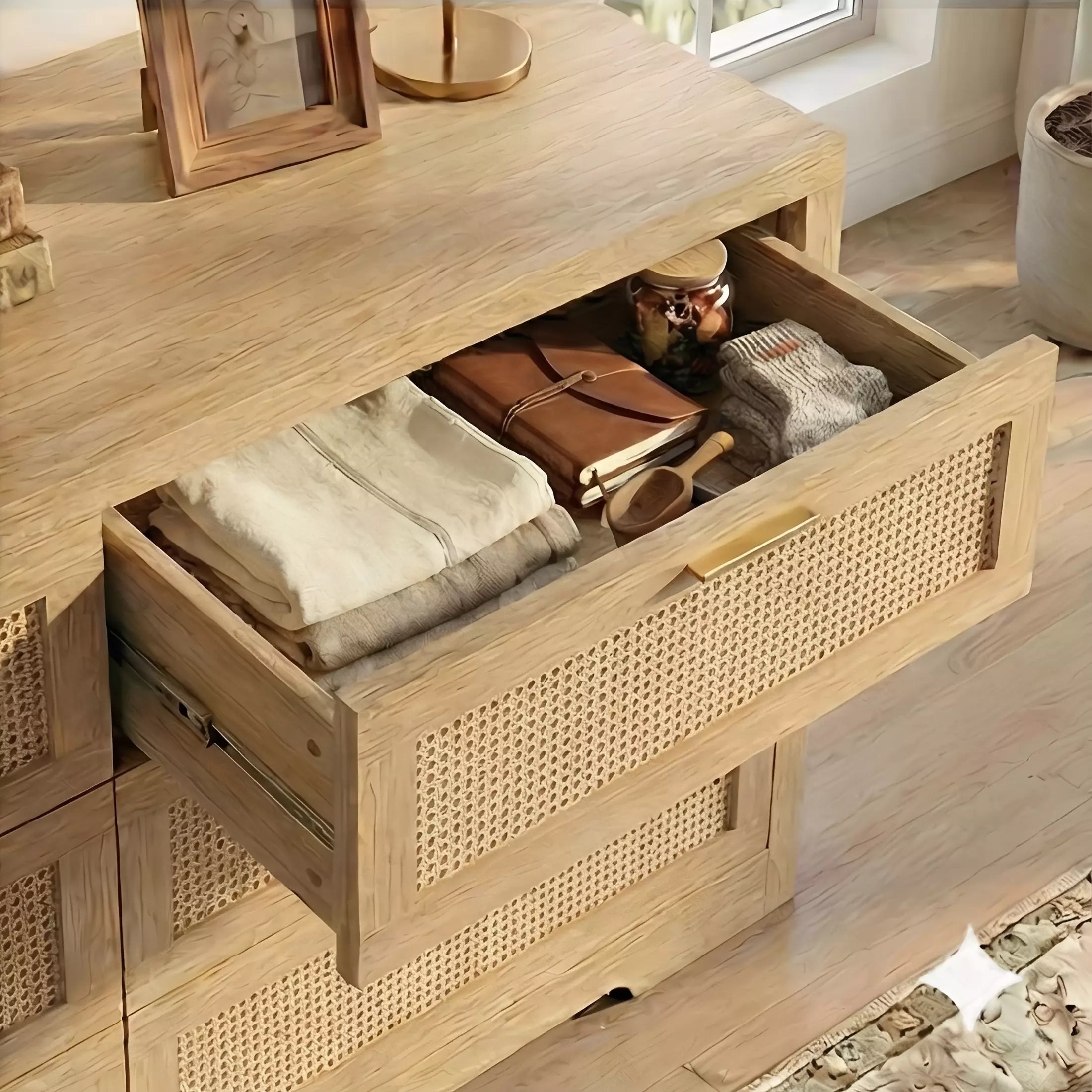 Rattan 6 Drawer Dresser | Handmade Boho Style Bedroom Organizer | Walnut & Oak - Image 15