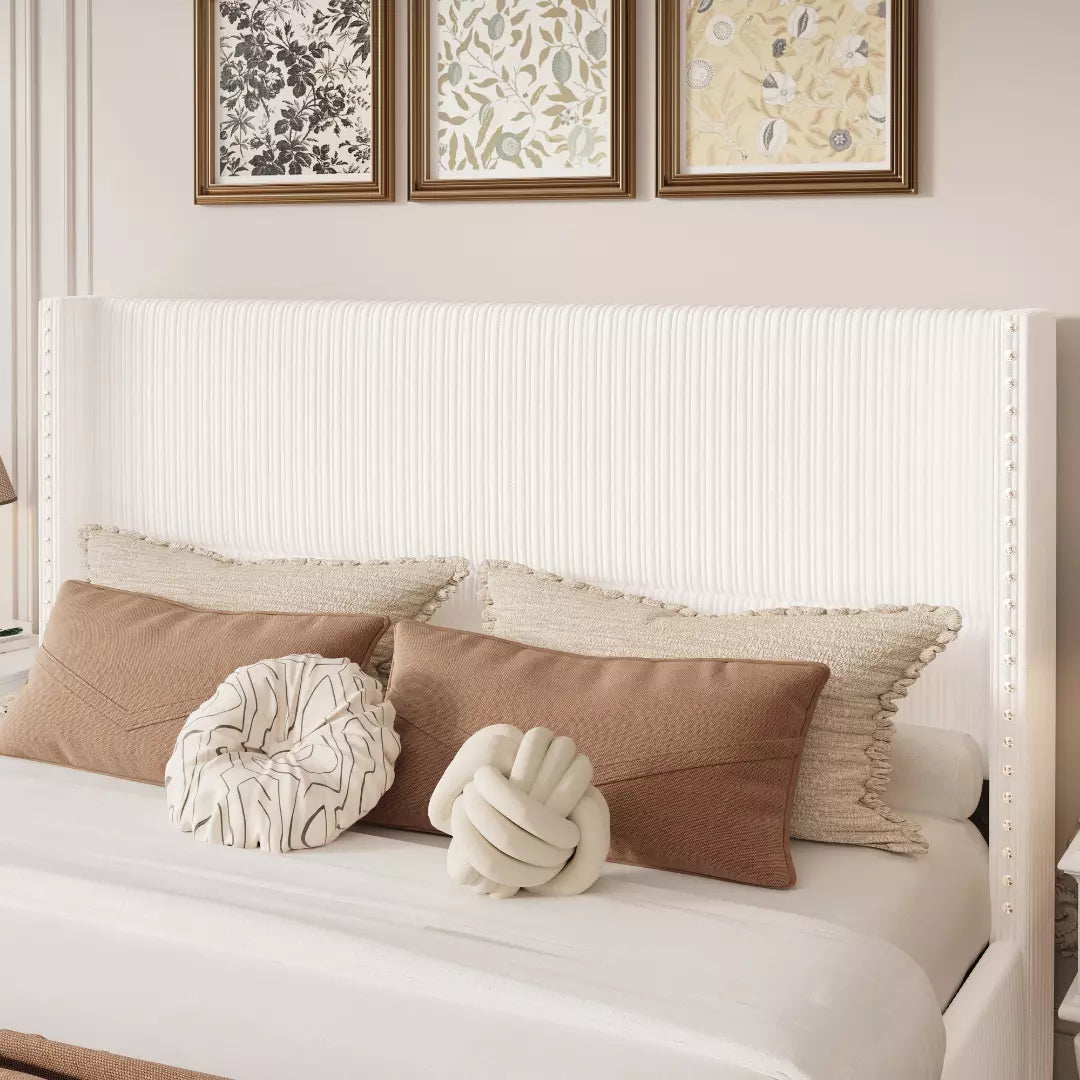 Elysia Corduroy Bed Frame | Channel Tufted Upholstered Platform Bed | Queen & King - Image 2