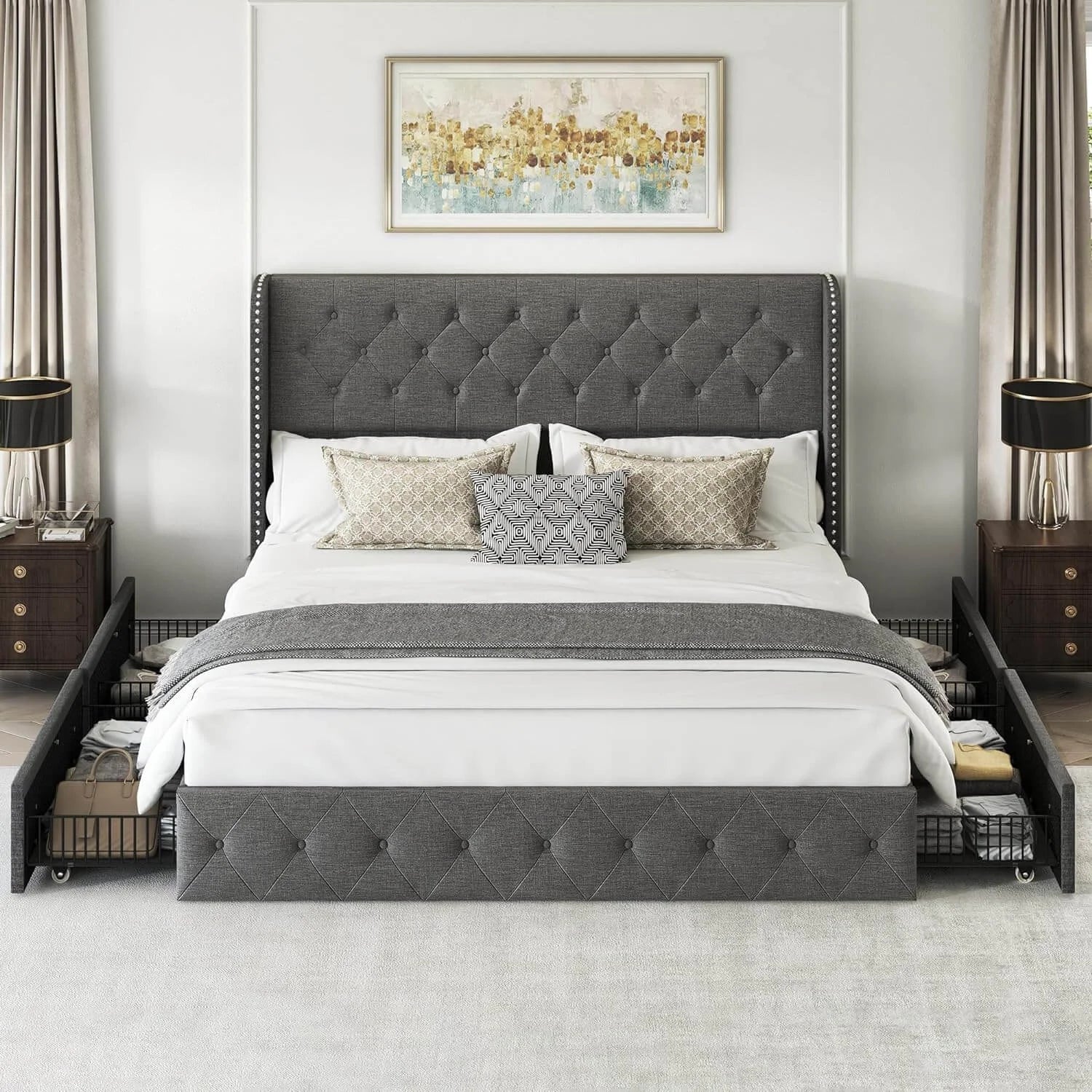 Korall Linen Storage Bed Frame | High Headboard & Storage Drawers | Queen & King - Image 9