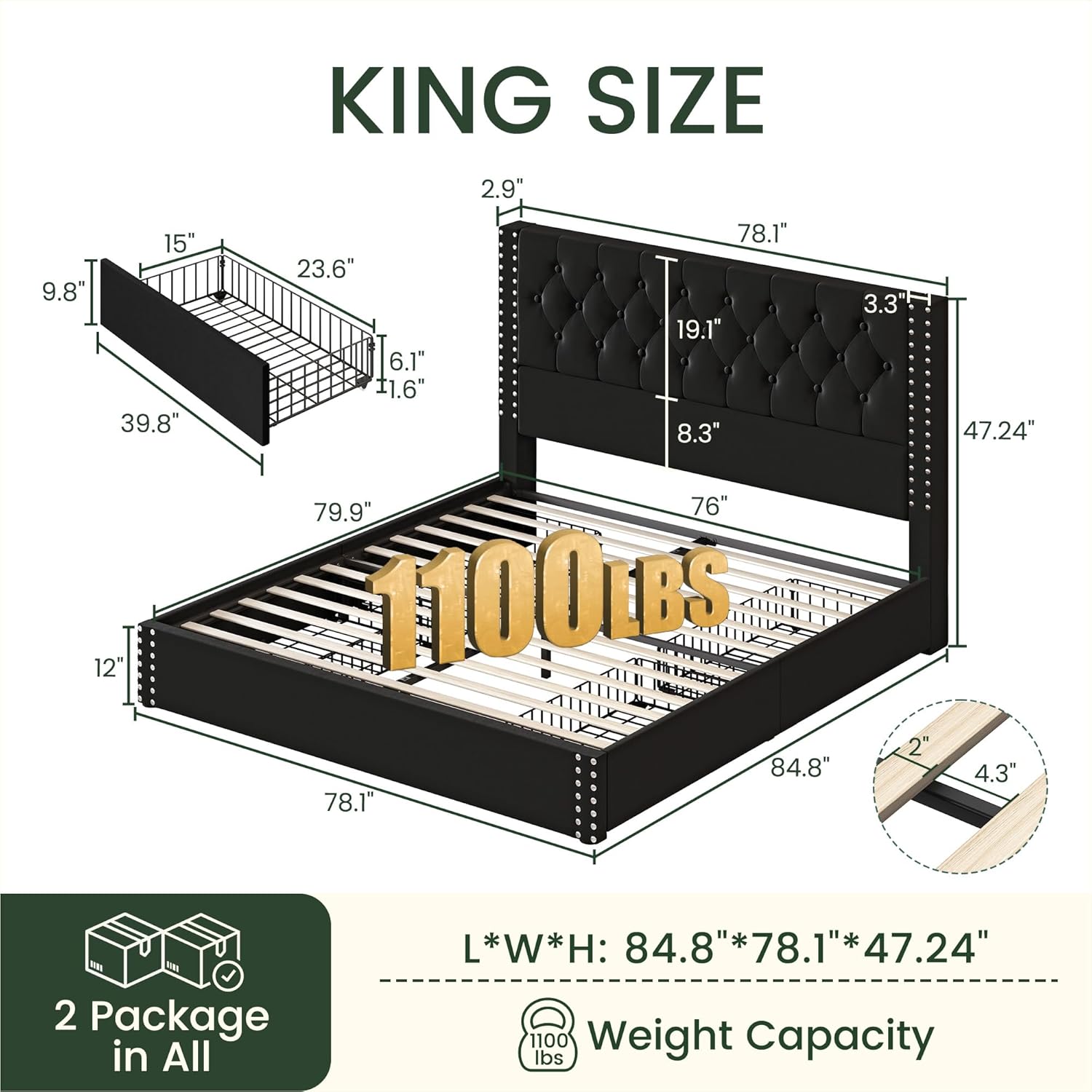 Vella Linen Bed Frame with Storage Drawers | Upholstered Platform Bed | Queen & King - Image 15