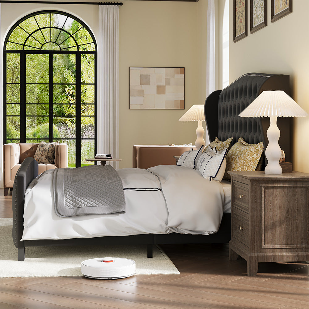 Nadell Velvet Bed Frame with Tall Headboard | Black Upholstered | Queen & King - Image 5