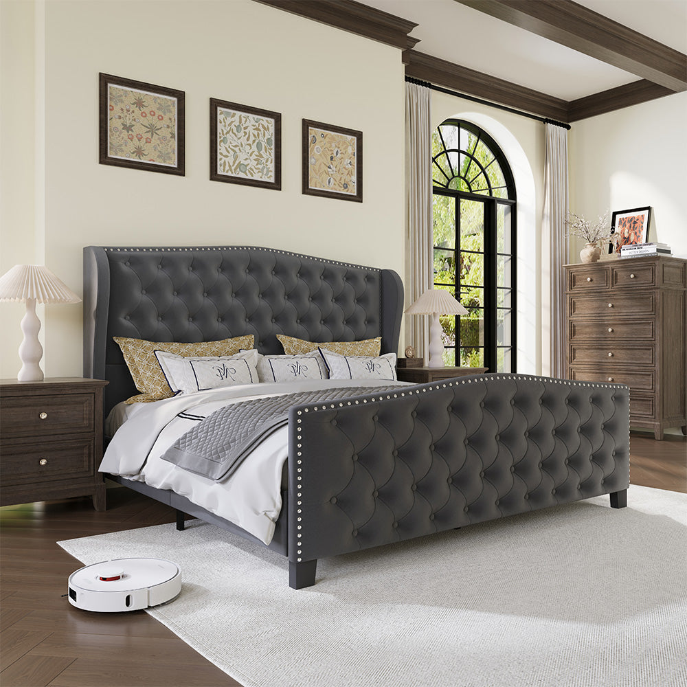 Nadell Velvet Bed Frame with Tall Headboard | Black Upholstered | Queen & King - Image 11