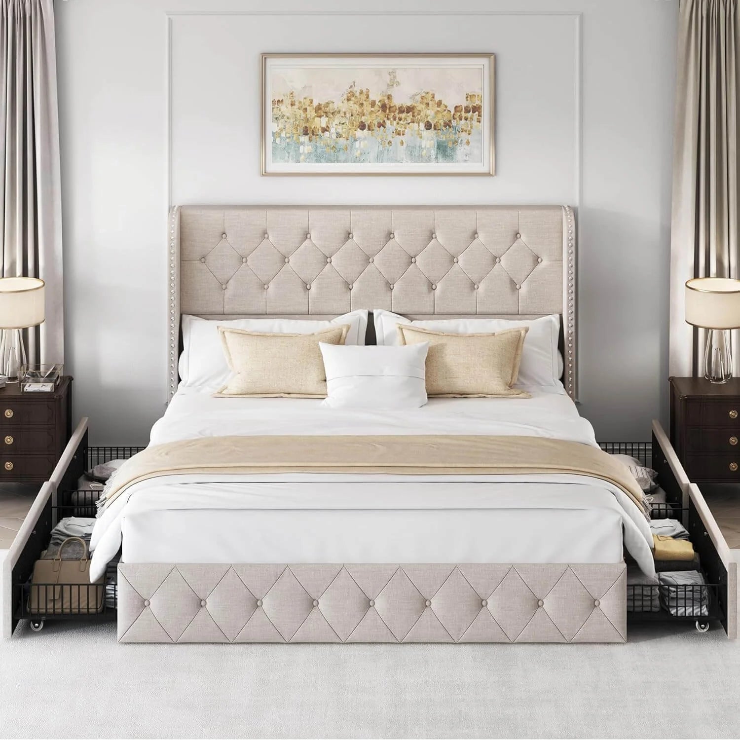 Korall Linen Storage Bed Frame | High Headboard & Storage Drawers | Queen & King - Image 3