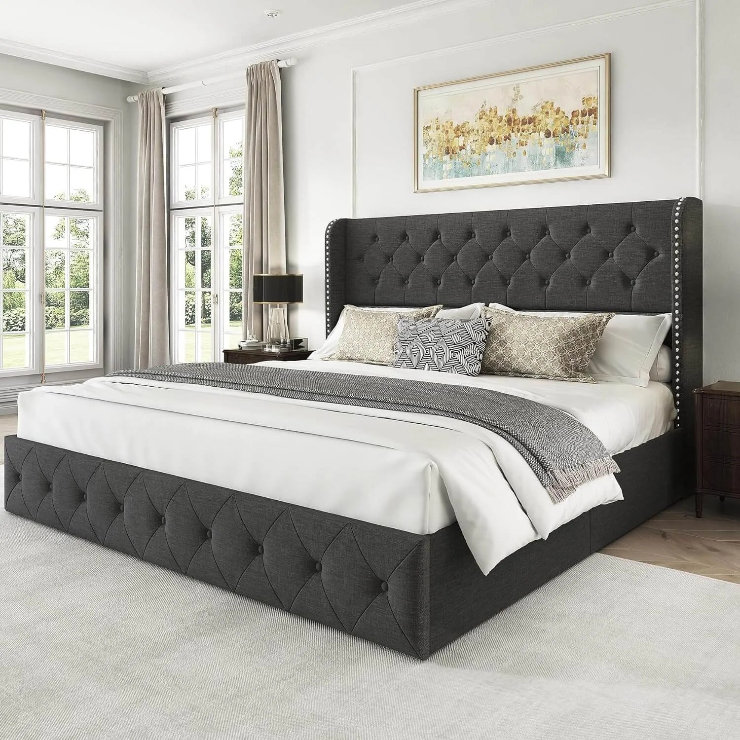 Korall Linen Storage Bed Frame | High Headboard & Storage Drawers | Queen & King - Image 15