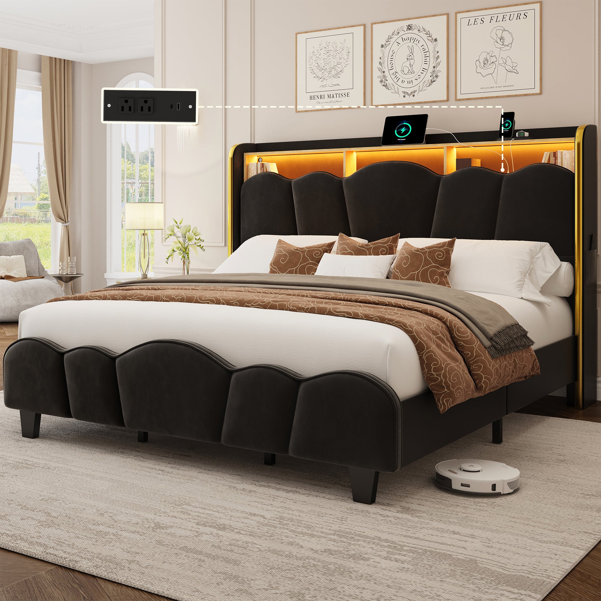 Melora Arch Velvet Bed Frame | LED Headboard Shelf & Charging Station | Queen & King - Image 11