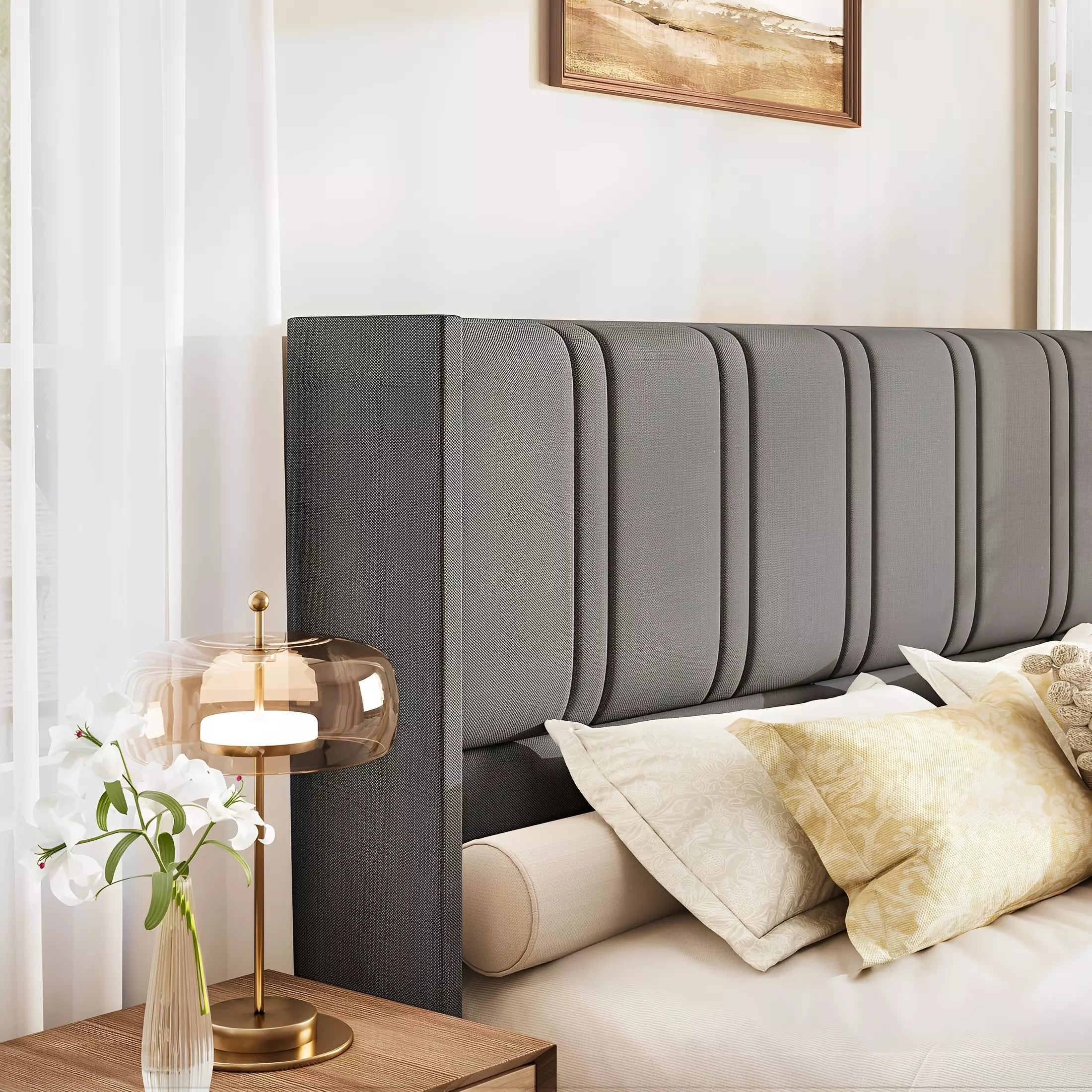 Modro Linen Bed Frame with Storage Drawers | Wingback Headboard | Queen & King - Image 15