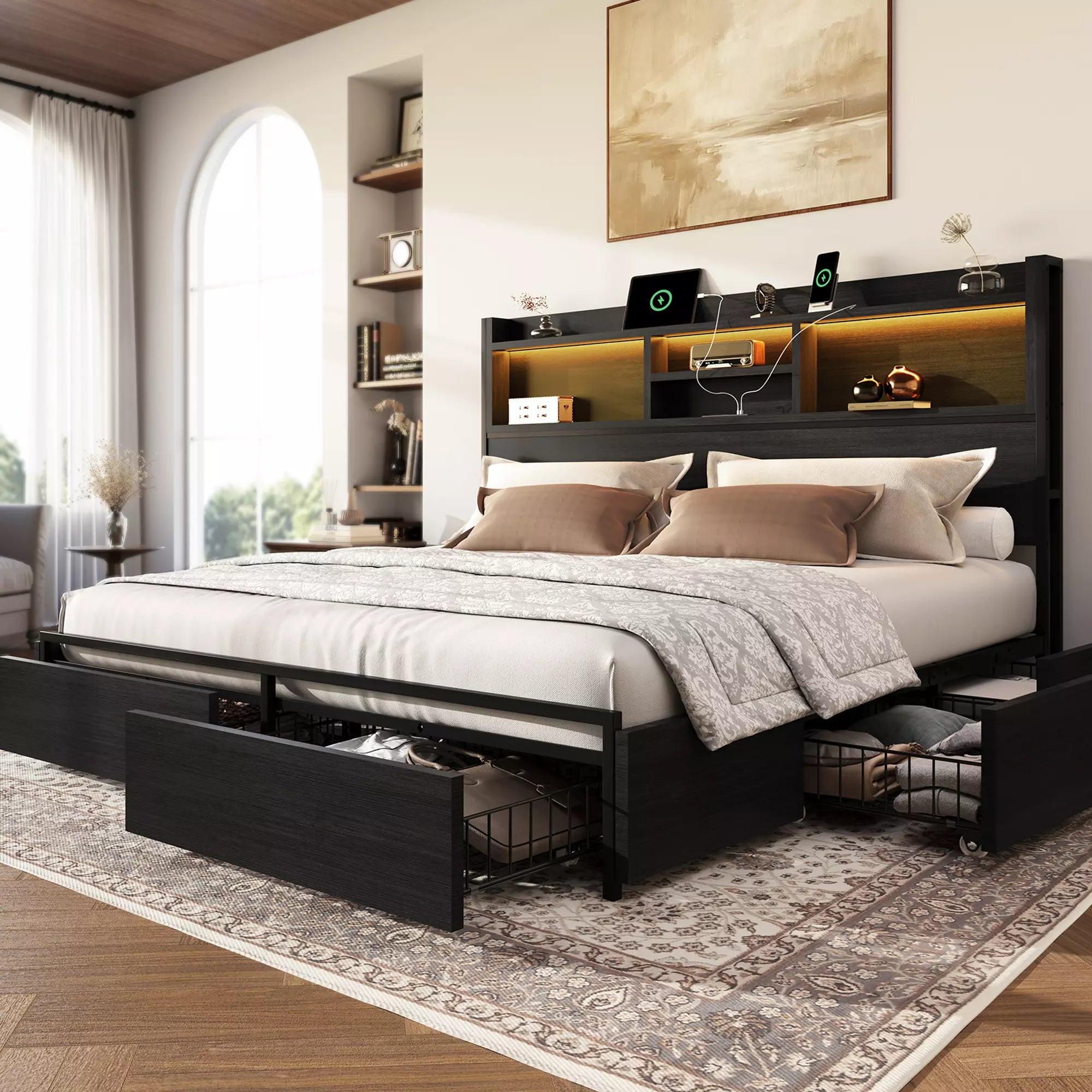 Strato Bookcase Platform Bed Frame | Storage Drawers & Charging Station | Queen & King - Image 2