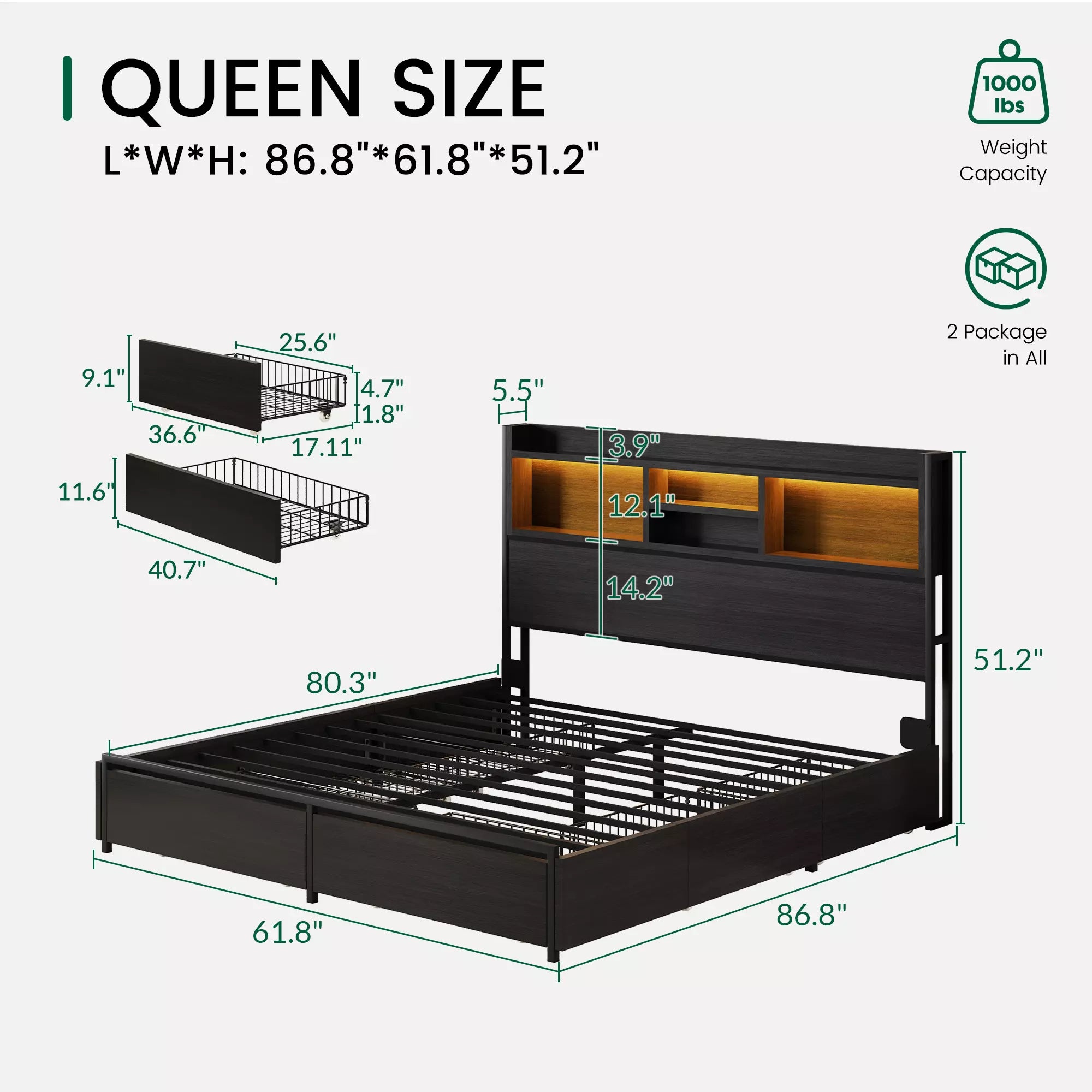 Strato Bookcase Platform Bed Frame | Storage Drawers & Charging Station | Queen & King - Image 6