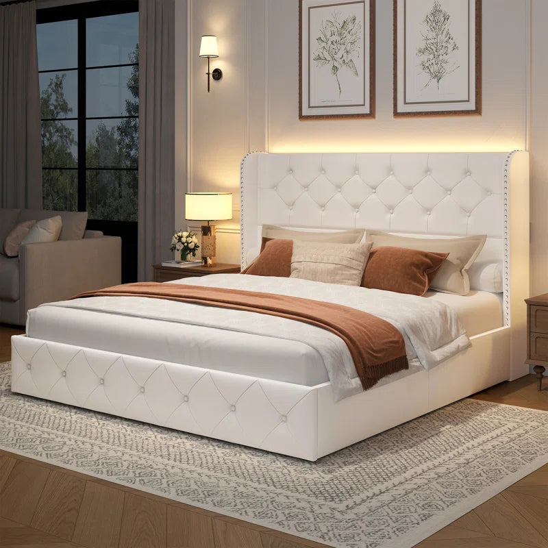 Korav Velvet Bed Frame with RGB LED Lights & Storage Drawers | Tufted Wingback Headboard | Queen & King - Image 5