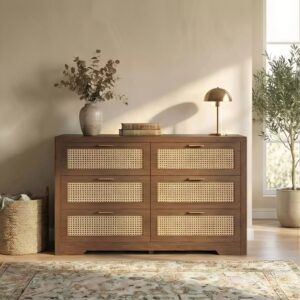 Alternative view of Rattan 6 Drawer Dresser | Handmade Boho Style Bedroom Organizer | Walnut & Oak