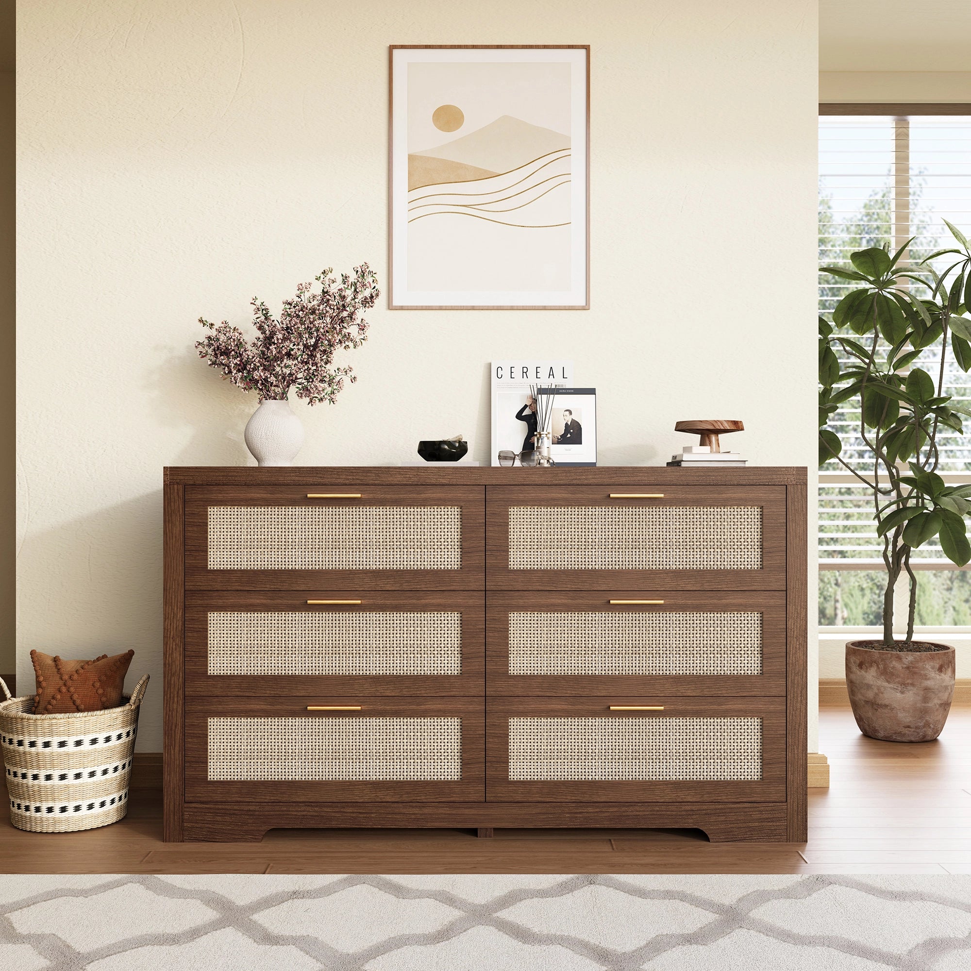 Rattan 6 Drawer Dresser | Handmade Boho Style Bedroom Organizer | Walnut & Oak - Image 9
