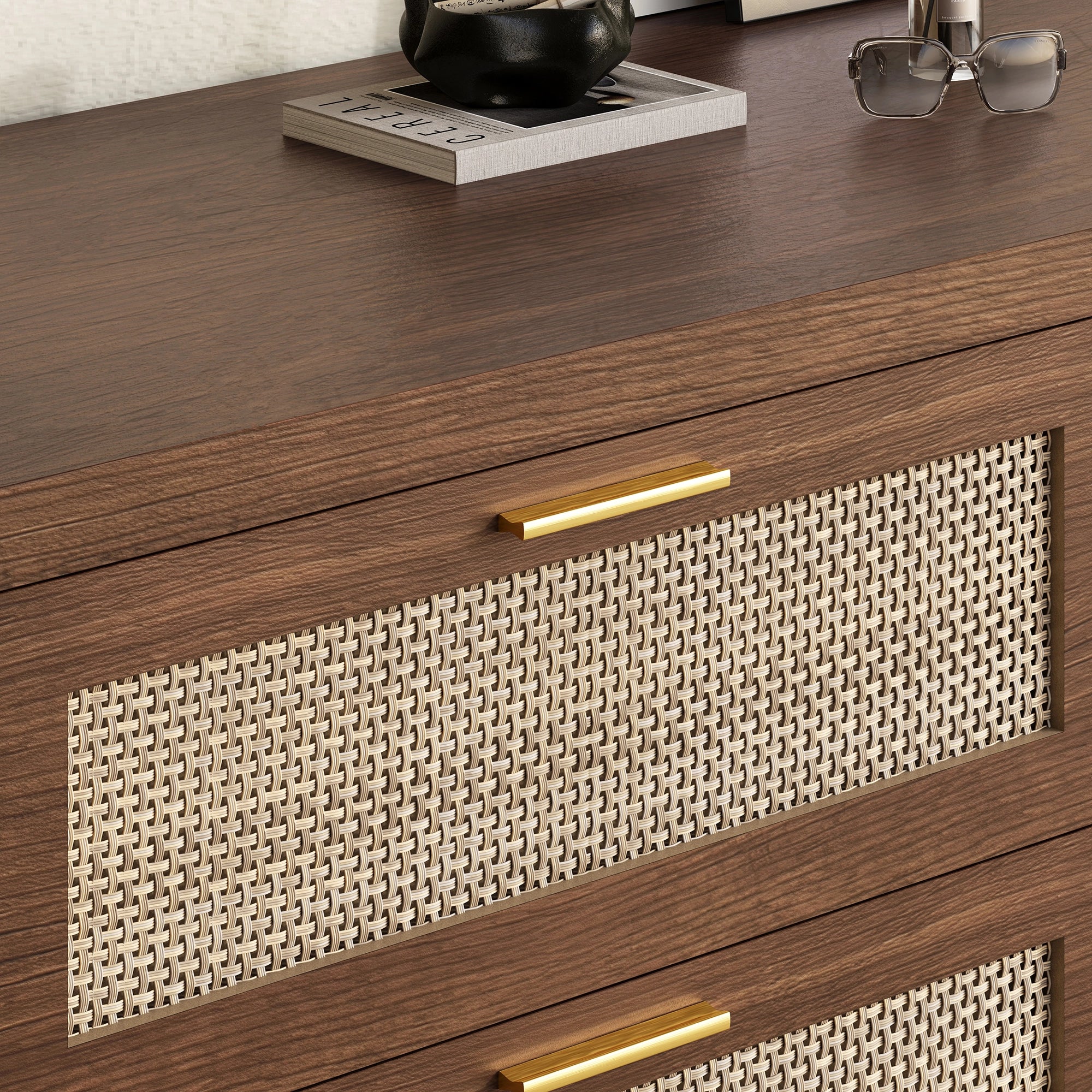 Rattan 6 Drawer Dresser | Handmade Boho Style Bedroom Organizer | Walnut & Oak - Image 7